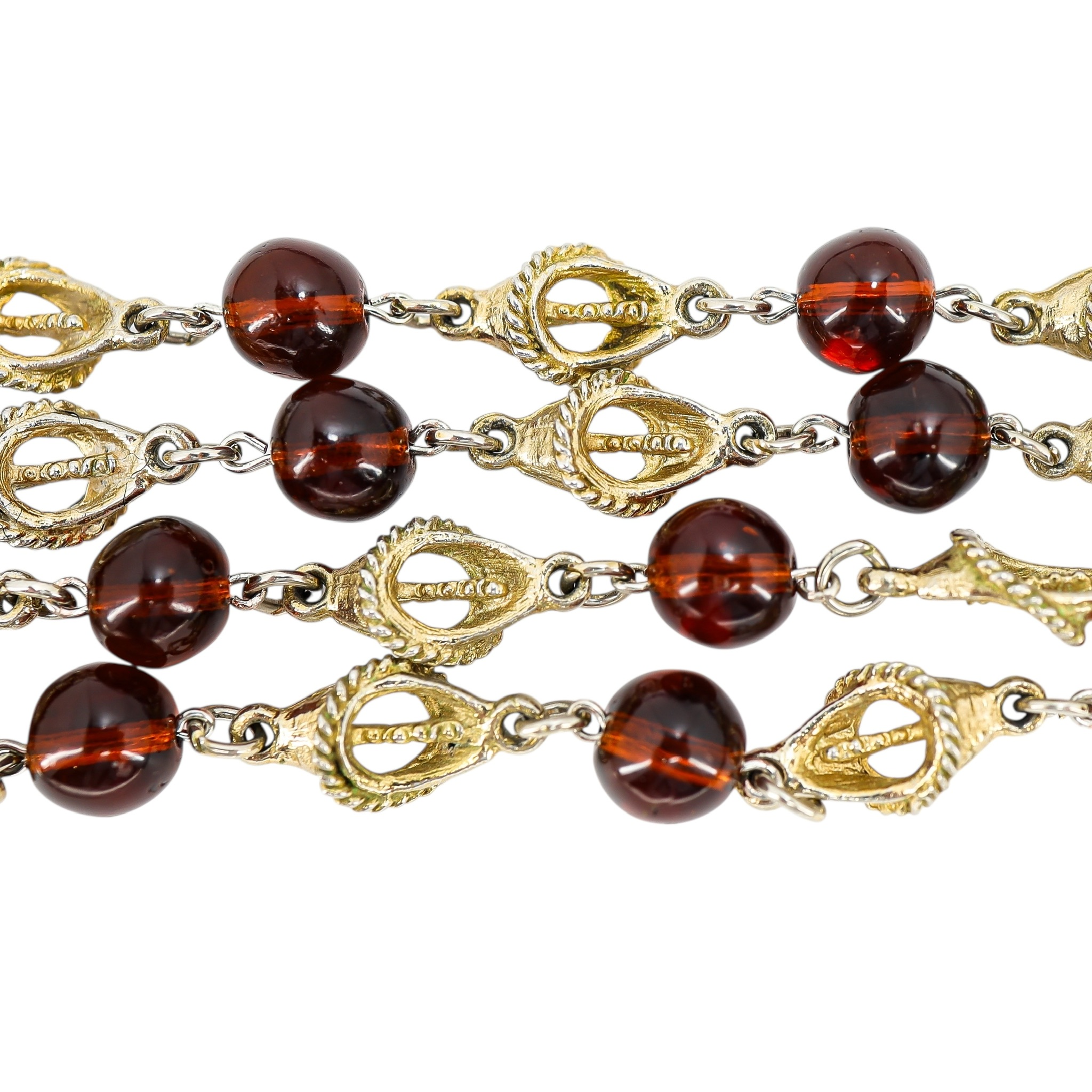 Reworked Mid Century Statement Necklace – Sculptural Floral Links & Amber Glass Tulip Tassel Pendant image 4