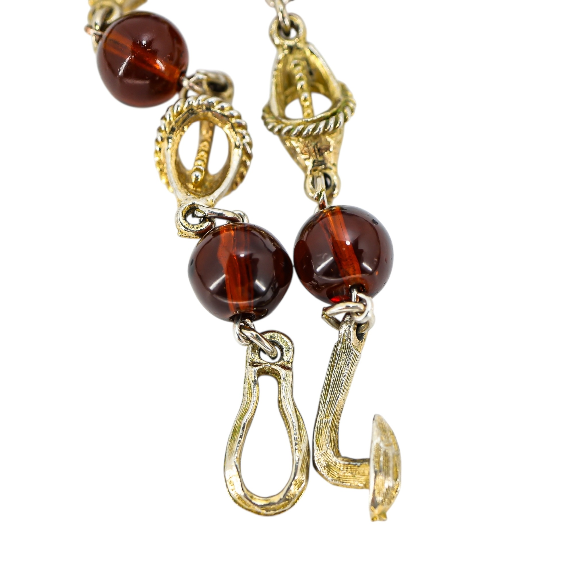 Reworked Mid Century Statement Necklace – Sculptural Floral Links & Amber Glass Tulip Tassel Pendant image 5