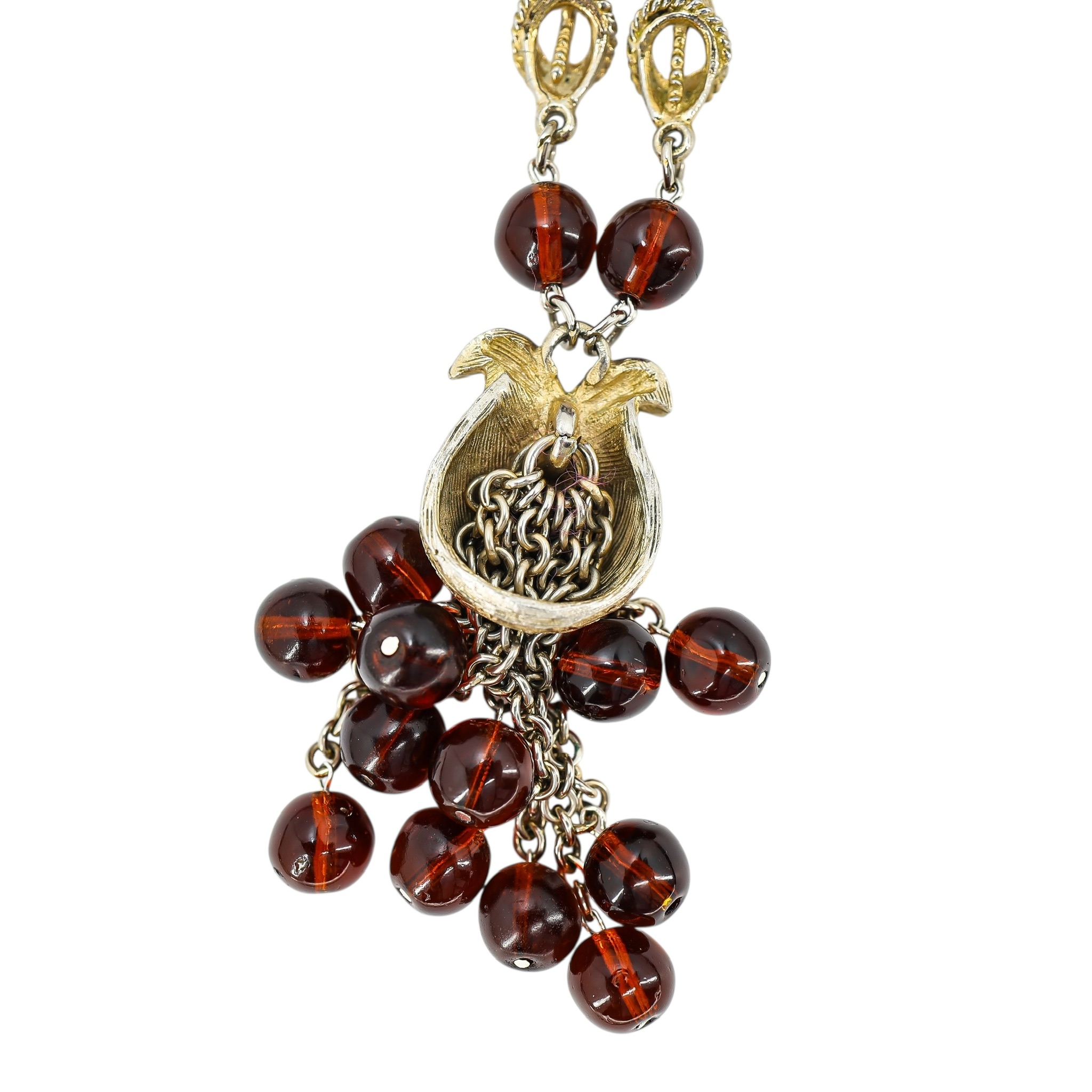 Reworked Mid Century Statement Necklace – Sculptural Floral Links & Amber Glass Tulip Tassel Pendant image 6