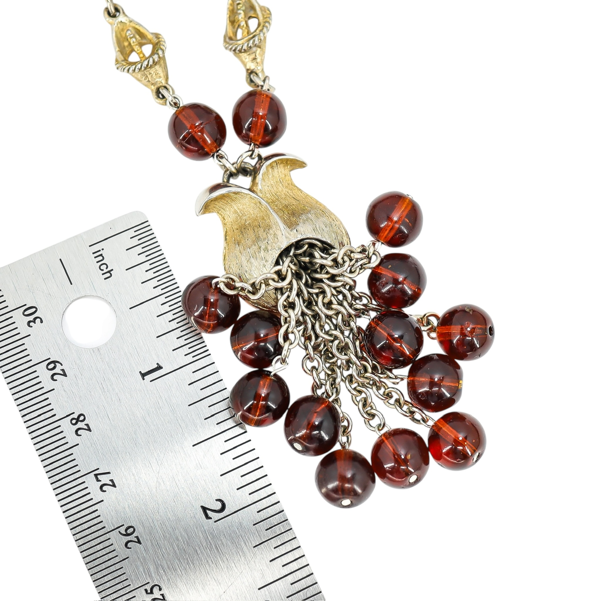 Reworked Mid Century Statement Necklace – Sculptural Floral Links & Amber Glass Tulip Tassel Pendant image 7