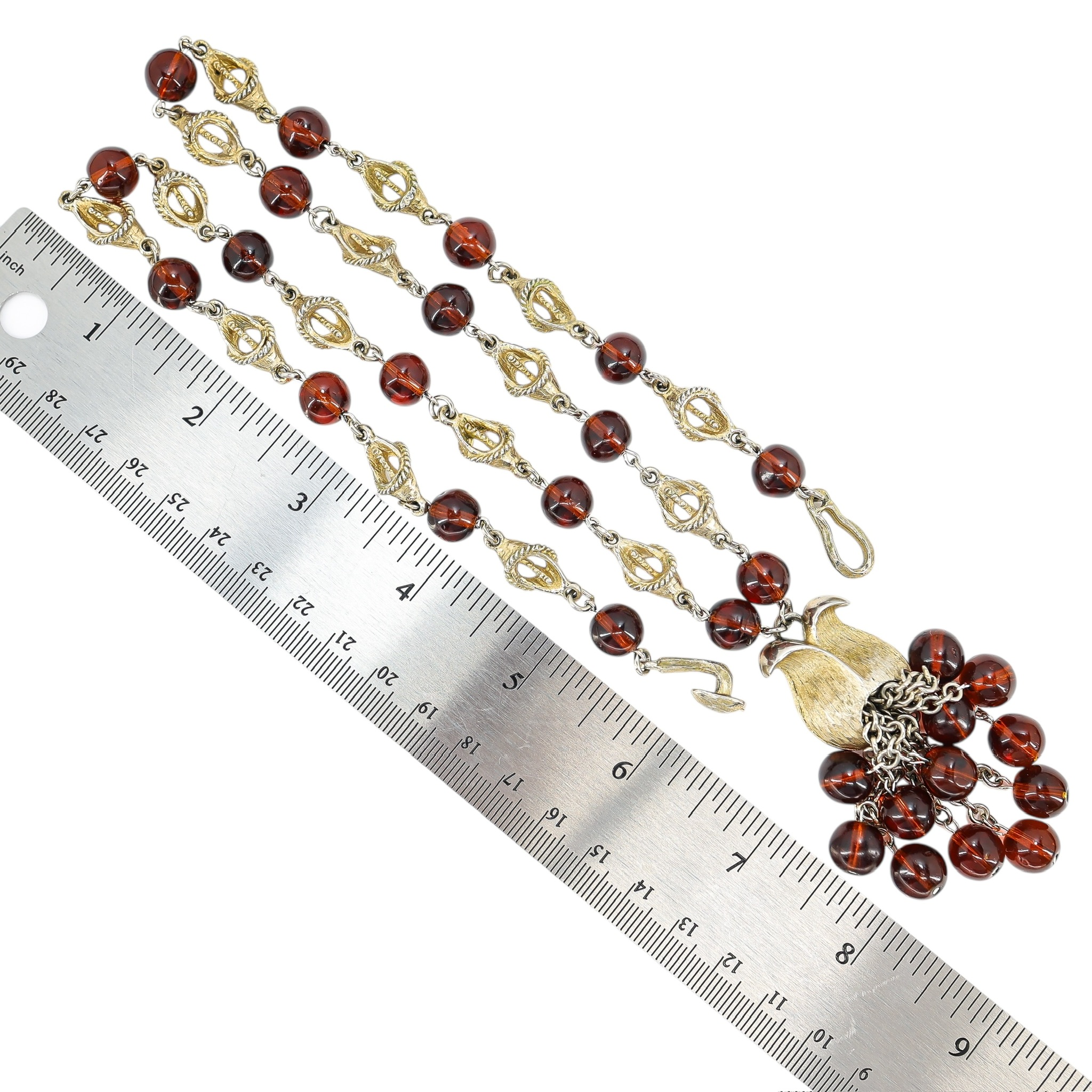 Reworked Mid Century Statement Necklace – Sculptural Floral Links & Amber Glass Tulip Tassel Pendant image 8