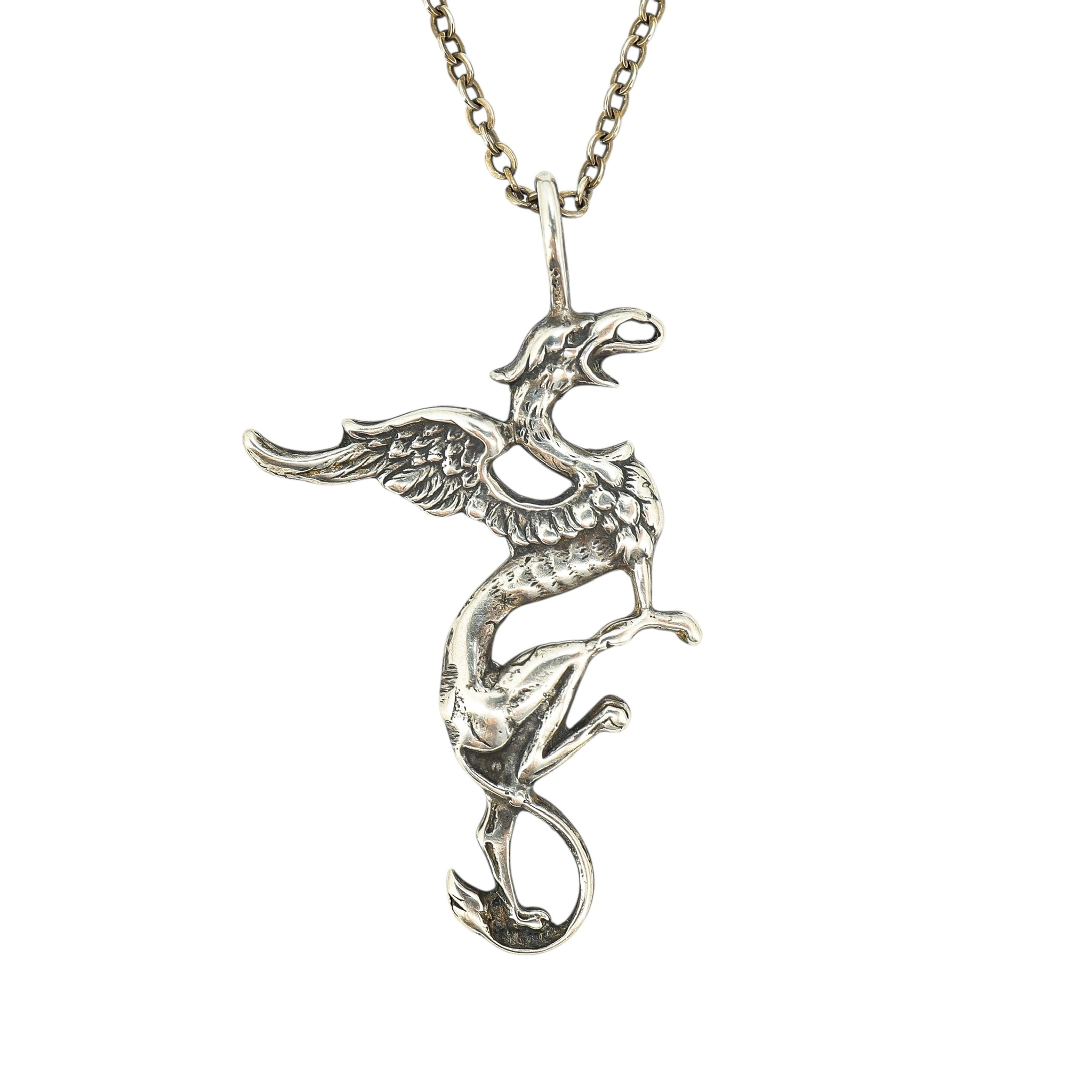 Artisan Cast Sterling Silver Large Dragon Pendant Necklace - Whimsical Gothic Style