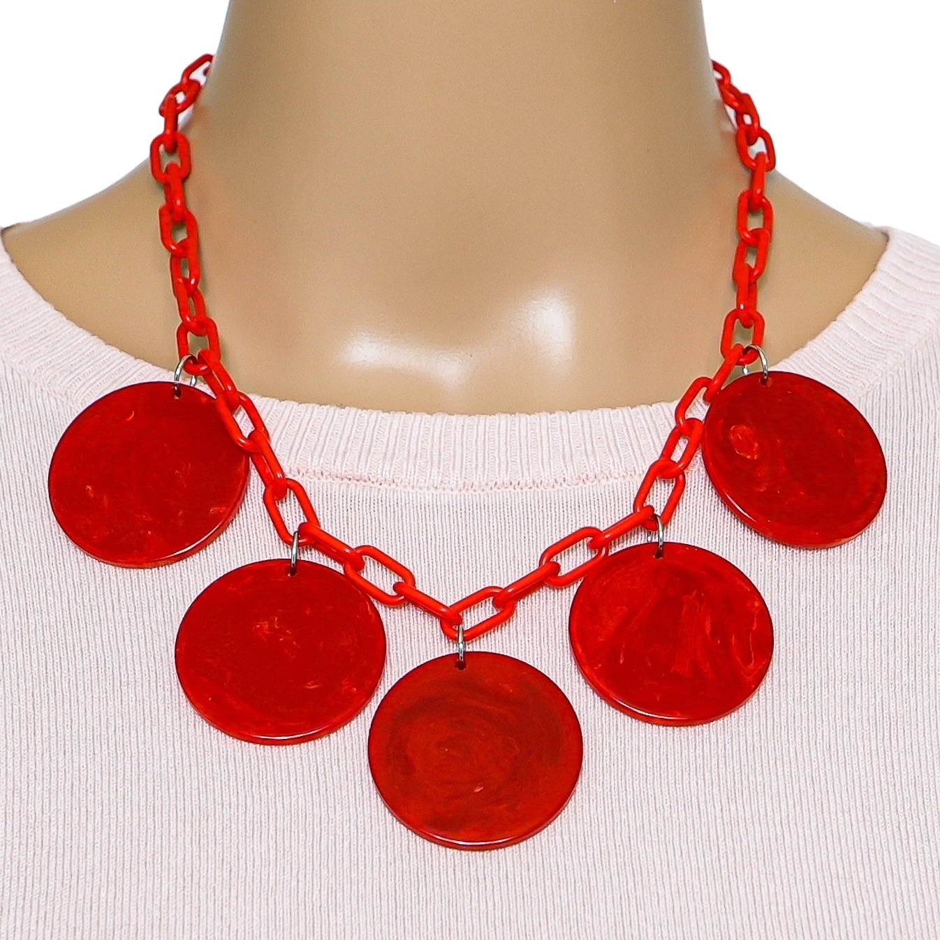 Vintage Bakelite Red Disk Necklace with Plastic Chain – Mod Geometric Statement image 2