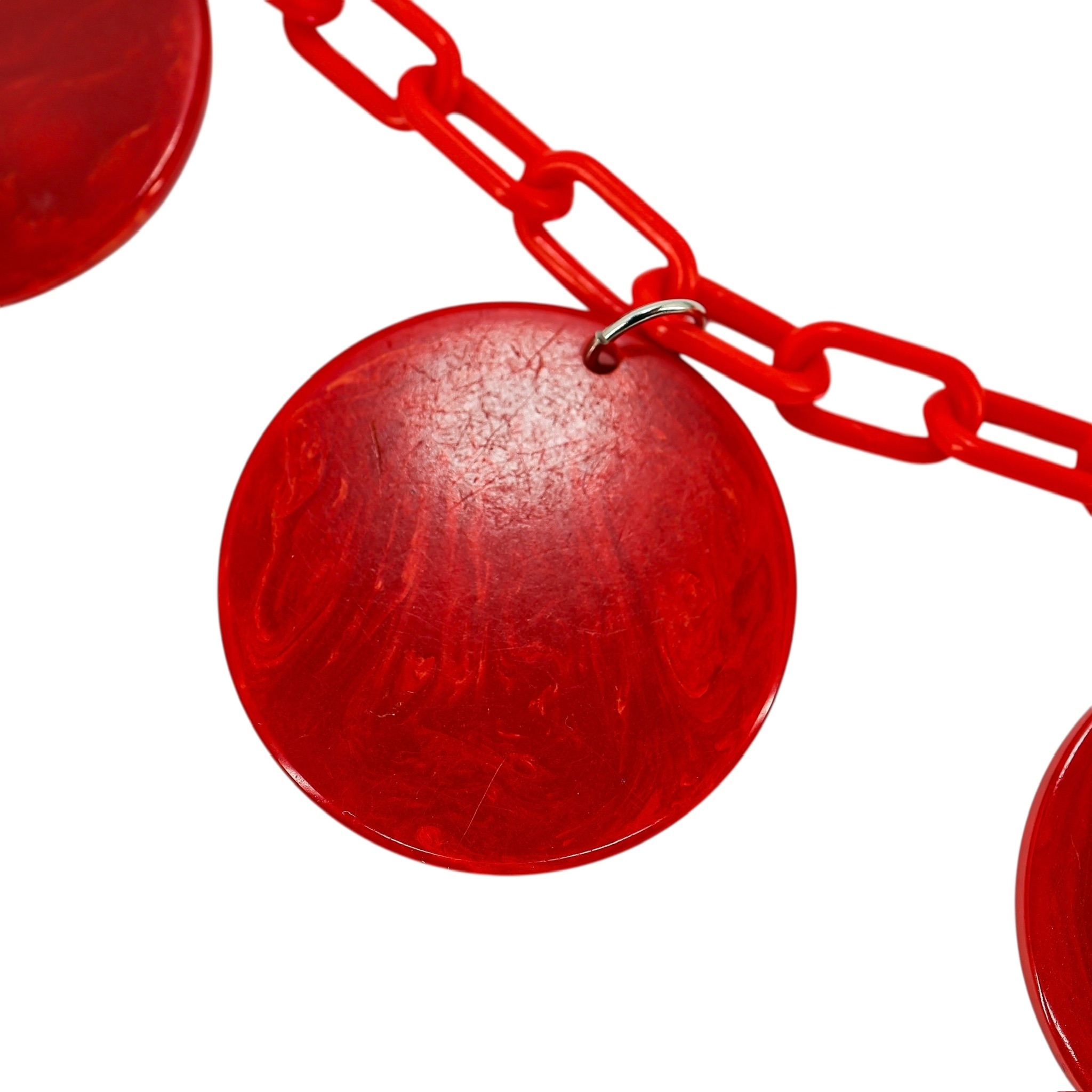 Vintage Bakelite Red Disk Necklace with Plastic Chain – Mod Geometric Statement image 3