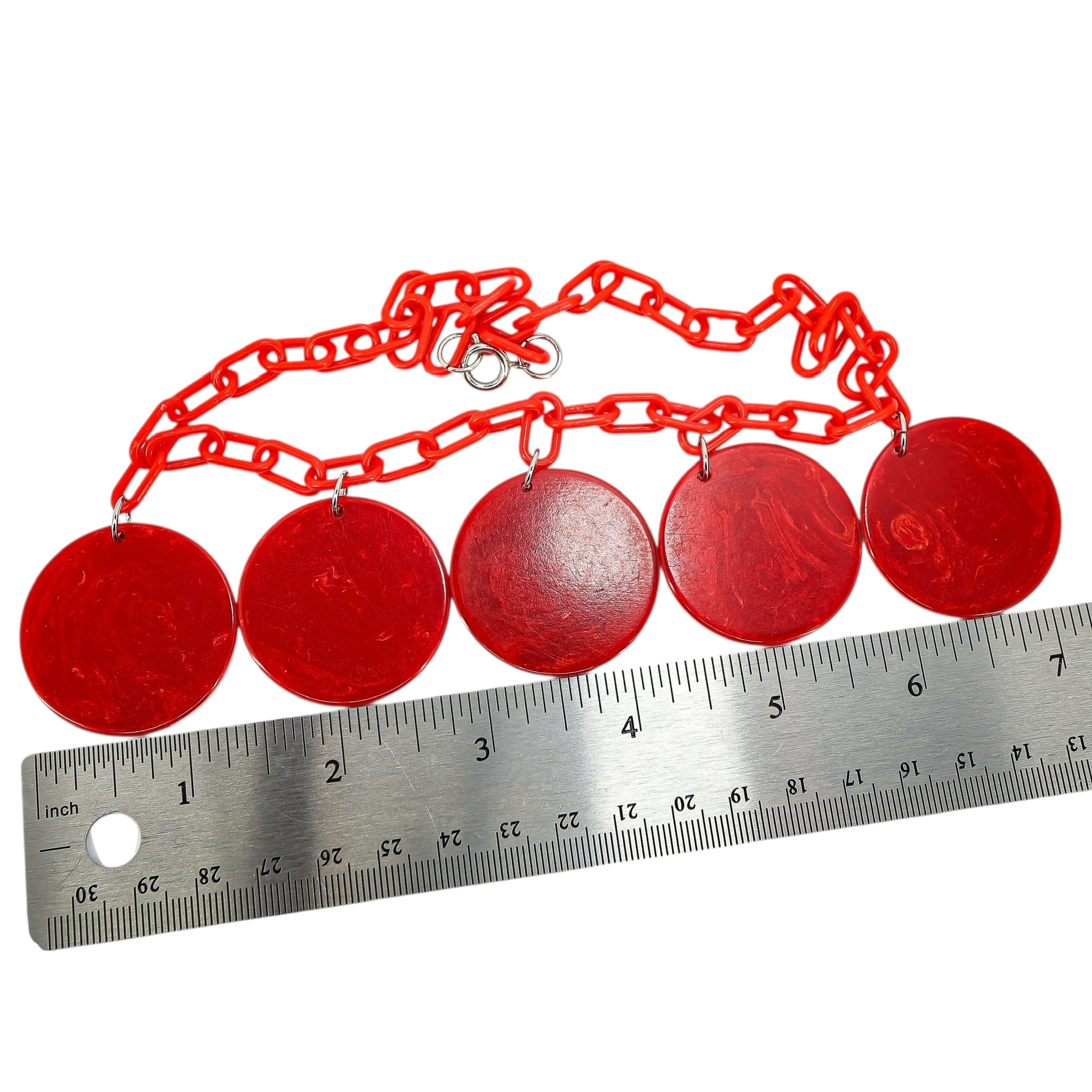 Vintage Bakelite Red Disk Necklace with Plastic Chain – Mod Geometric Statement image 8