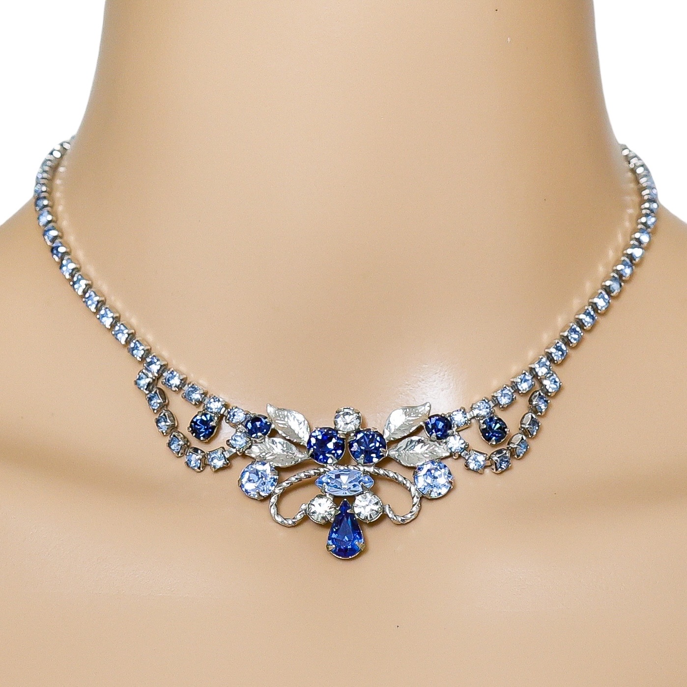 Vintage MCM Blue Rhinestone Choker In Silver Tone image 2
