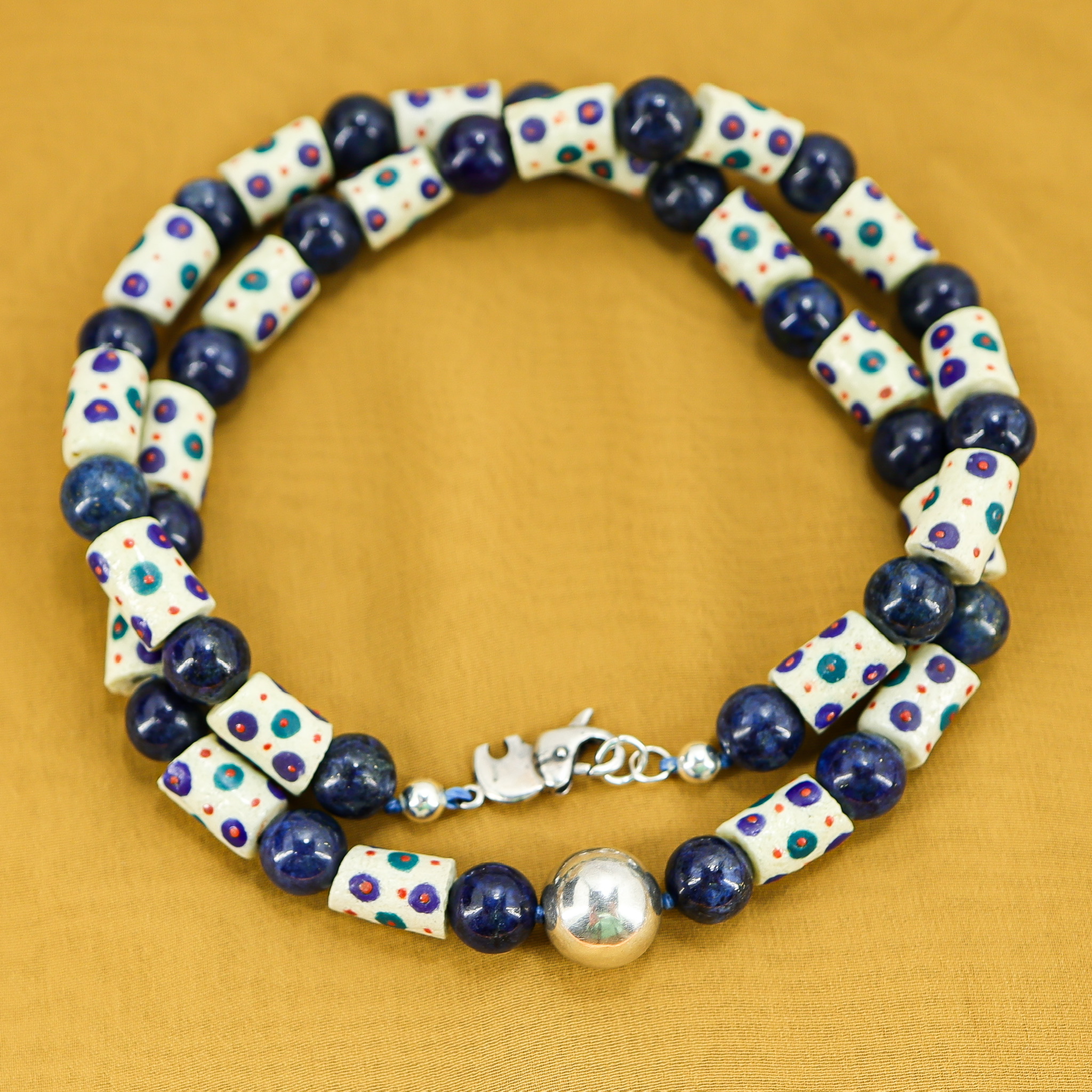 Undyed Natural Lapis Lazuli Ghana Krobo Beads & Sterling Boho Necklace