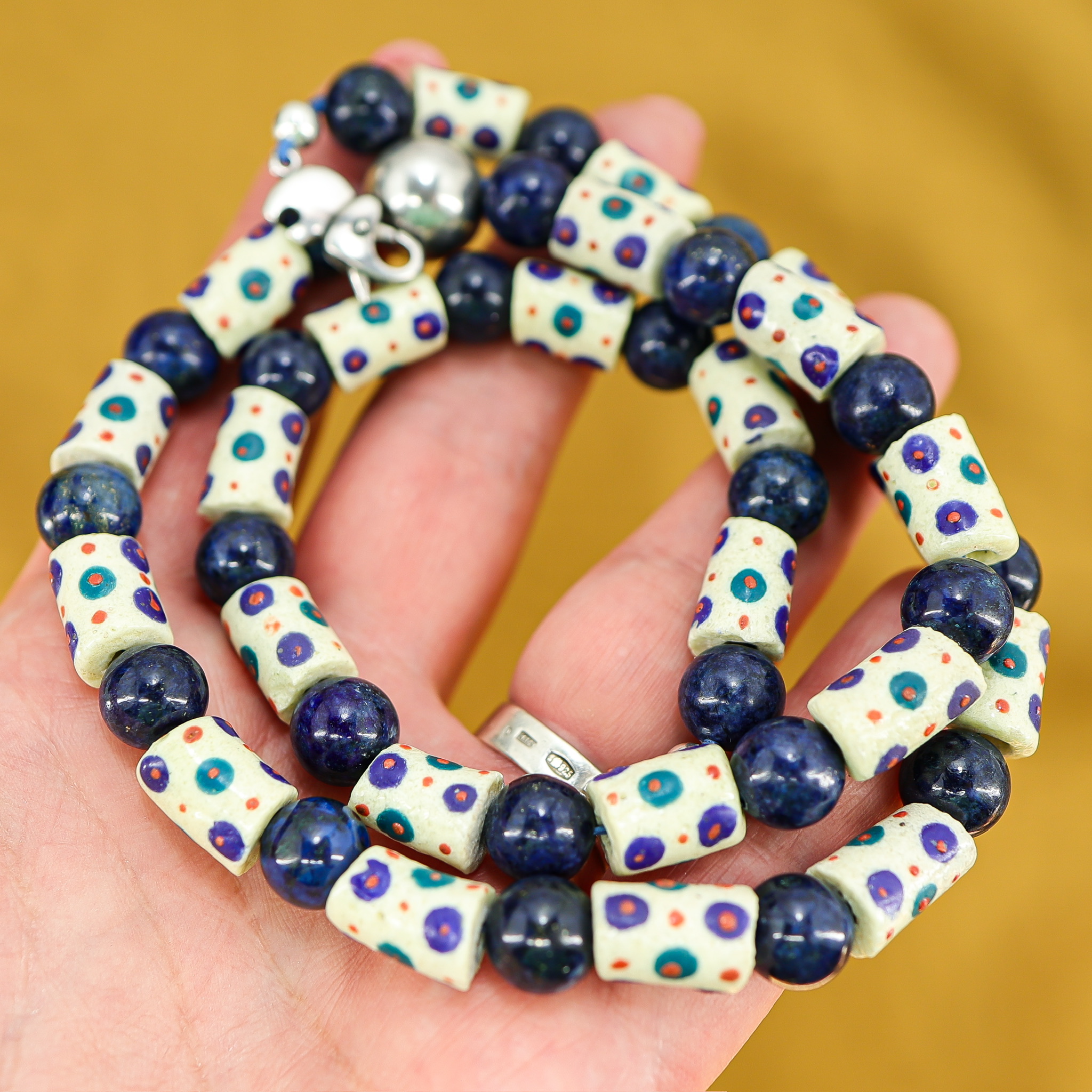 Undyed Natural Lapis Lazuli Ghana Krobo Beads & Sterling Boho Necklace image 8