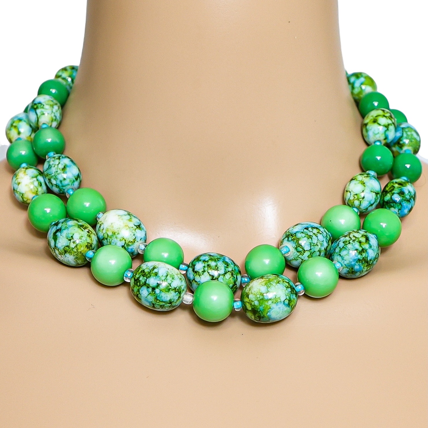 Signed Castlecliff Green Galalith Bead Necklace 2-Strand image 2