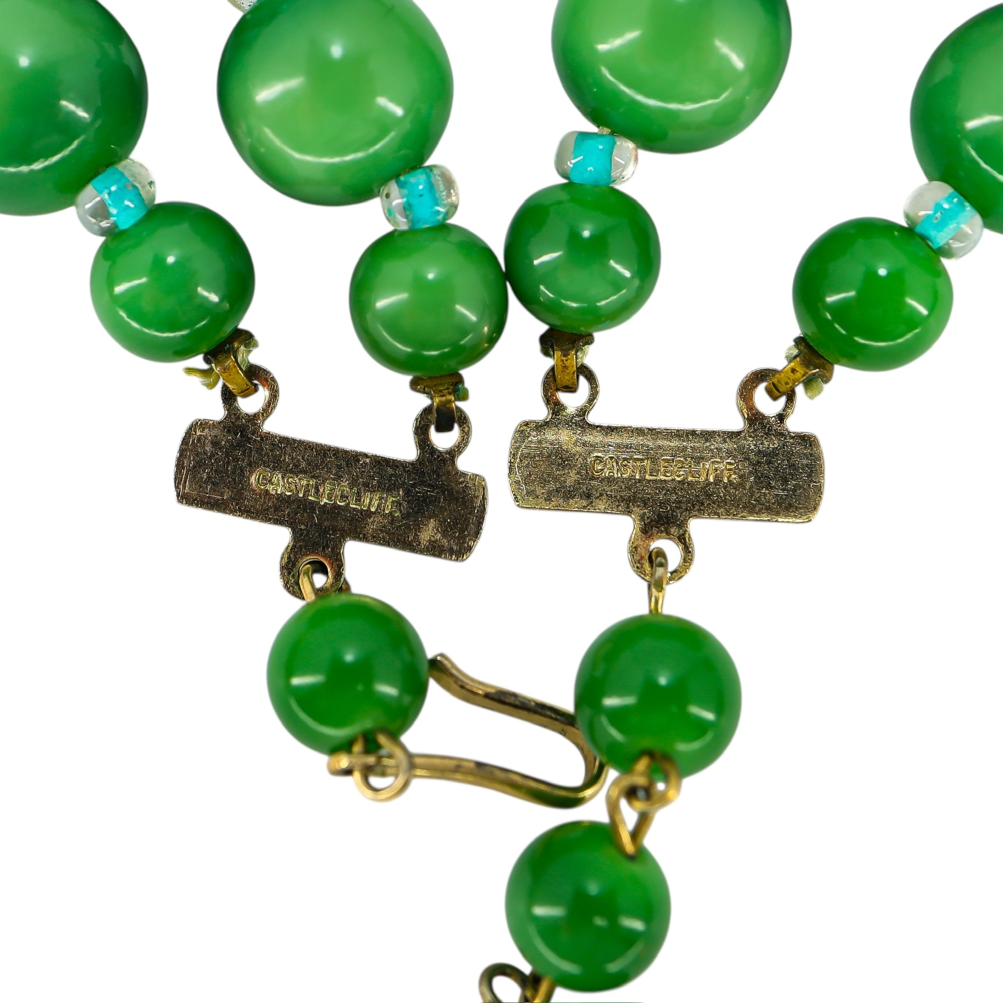 Signed Castlecliff Green Galalith Bead Necklace 2-Strand image 3