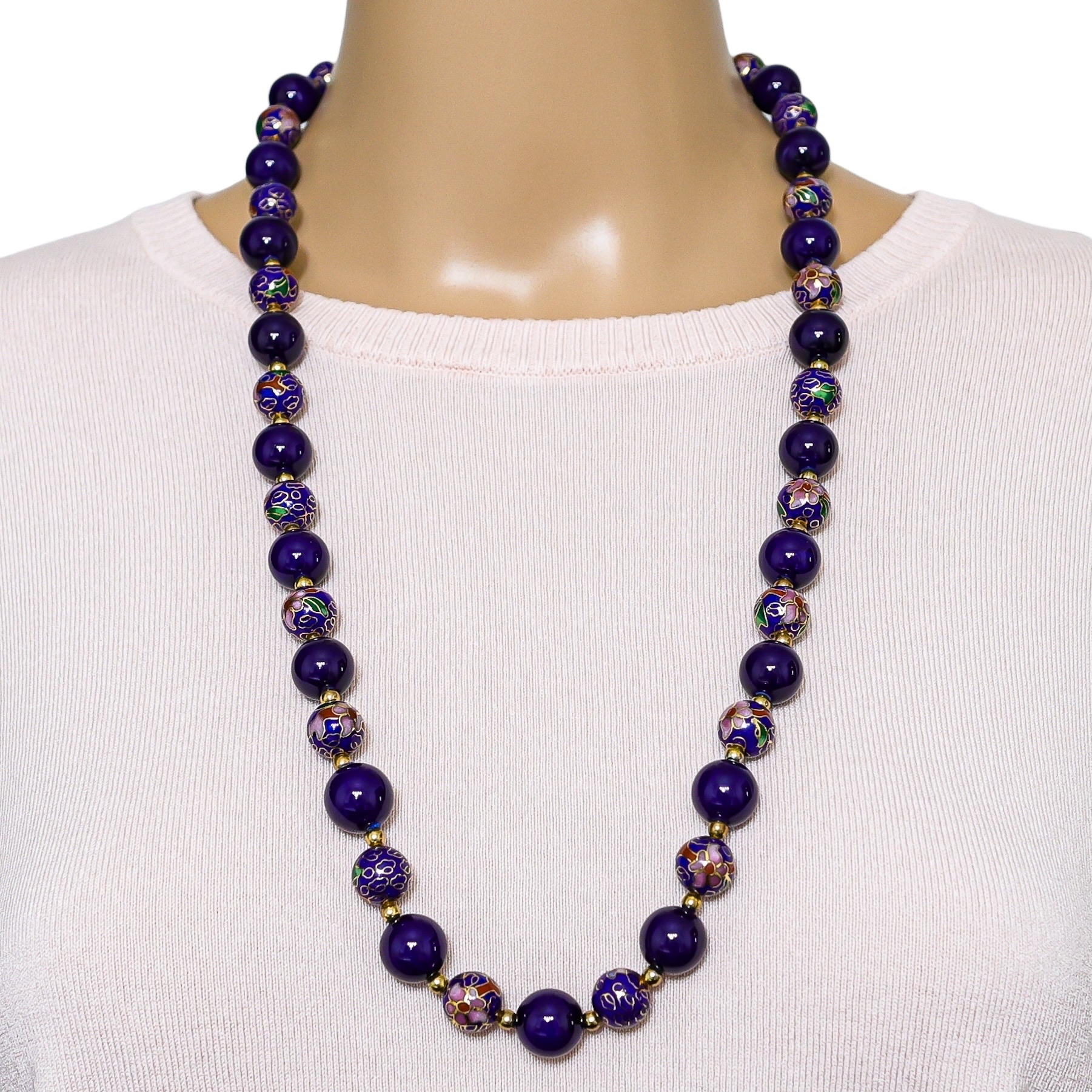 Vintage Cobalt Blue Cloisonne & Glass Bead Necklace – Long 29”, No Clasp image 2