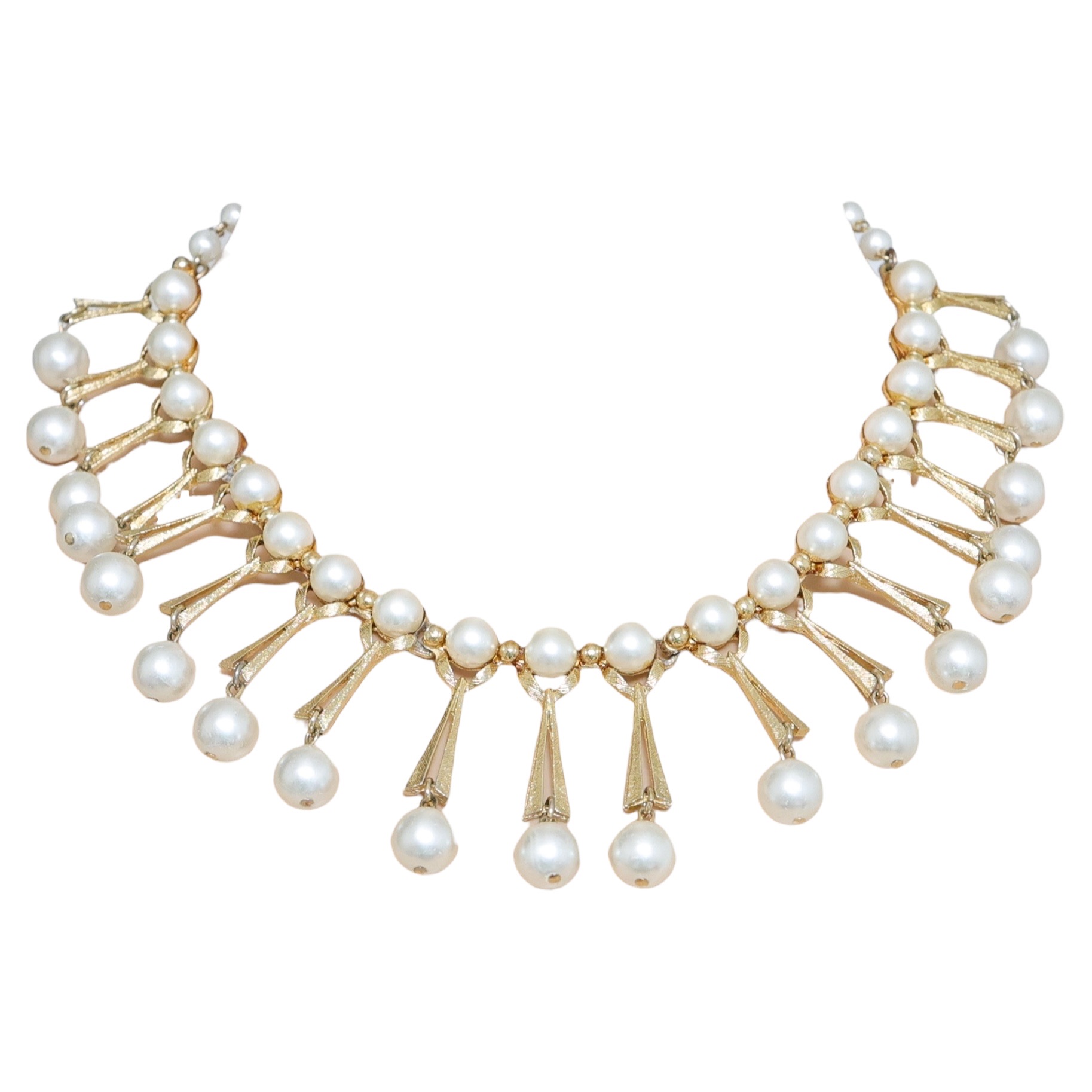 Vintage Faux Pearl Mid-Century Gold Tone Fringe Choker Necklace - Hollywood Regency