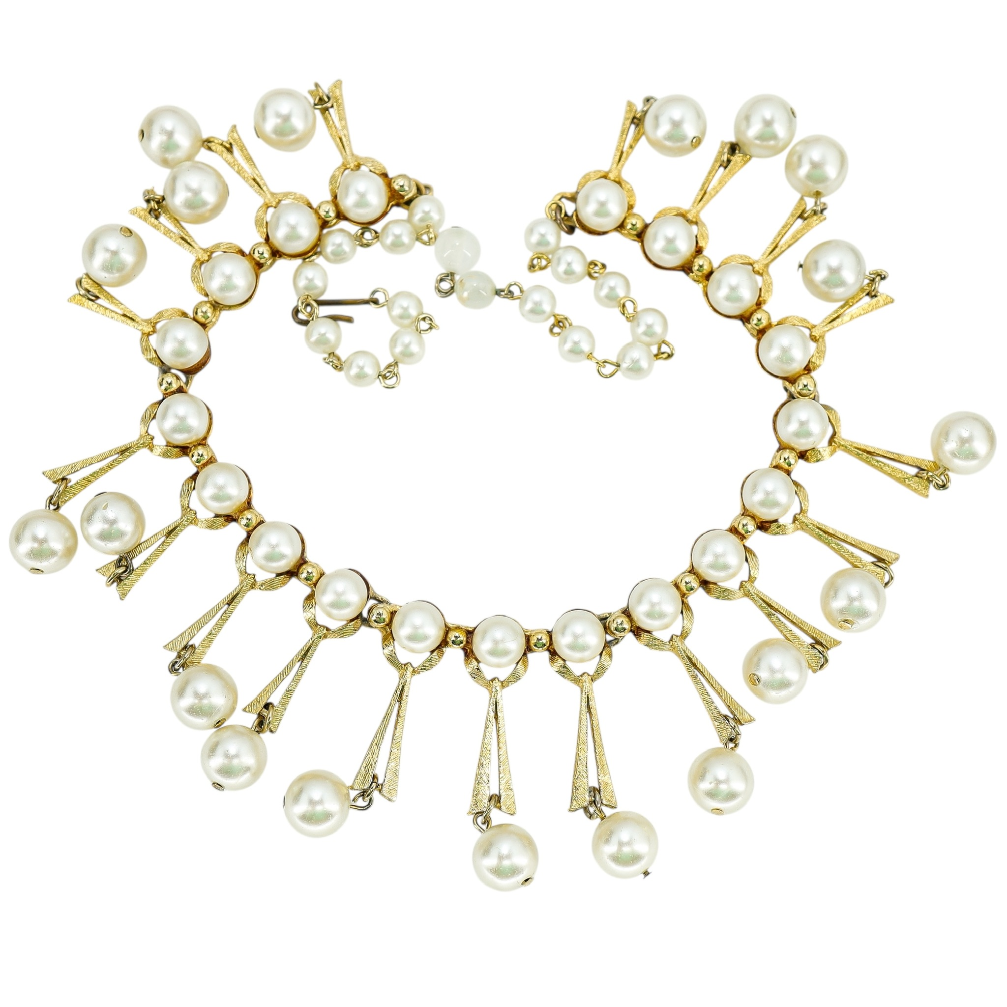 Vintage Faux Pearl Mid-Century Gold Tone Fringe Choker Necklace - Hollywood Regency image 3