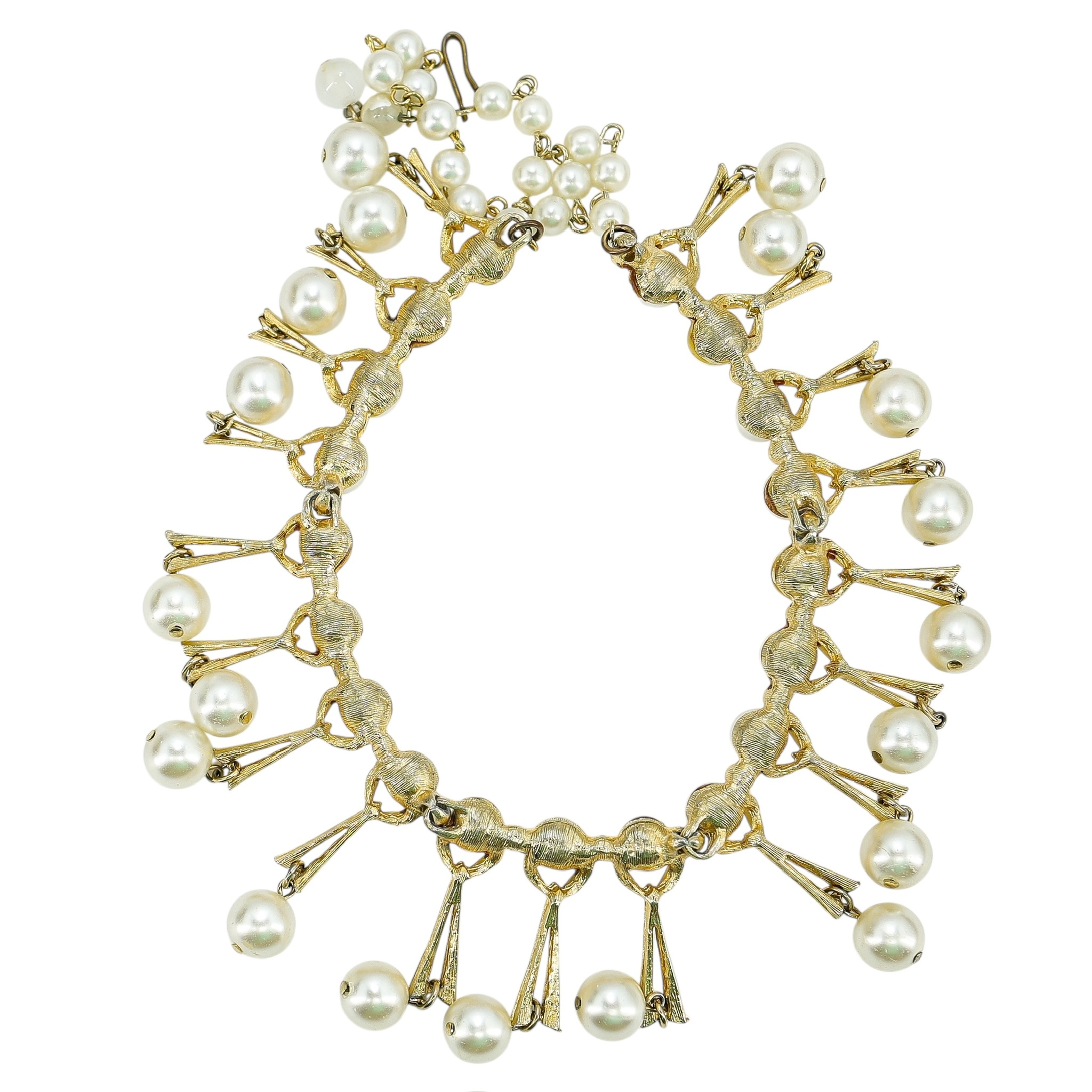 Vintage Faux Pearl Mid-Century Gold Tone Fringe Choker Necklace - Hollywood Regency image 4