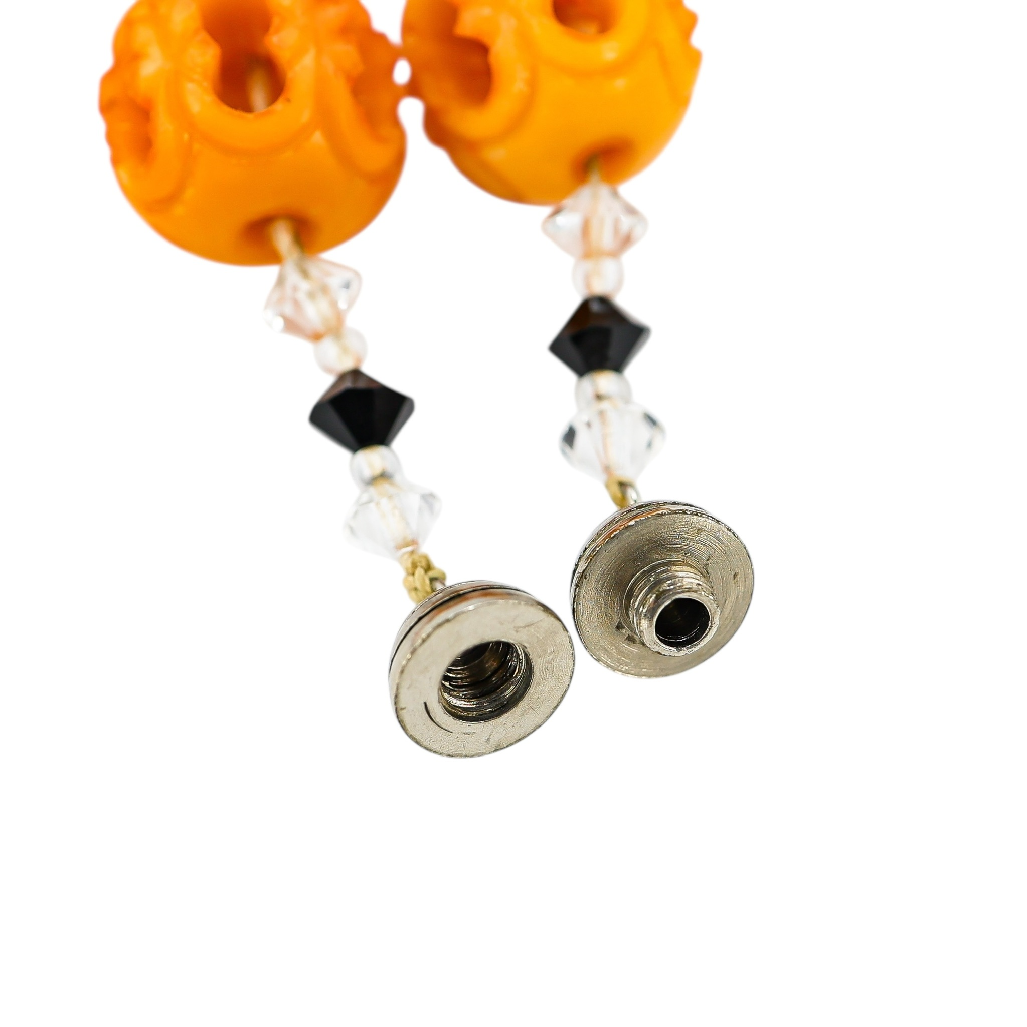 Orange Painted Carved Galalith Beads Openwork Lantern Shape 18.5” image 2