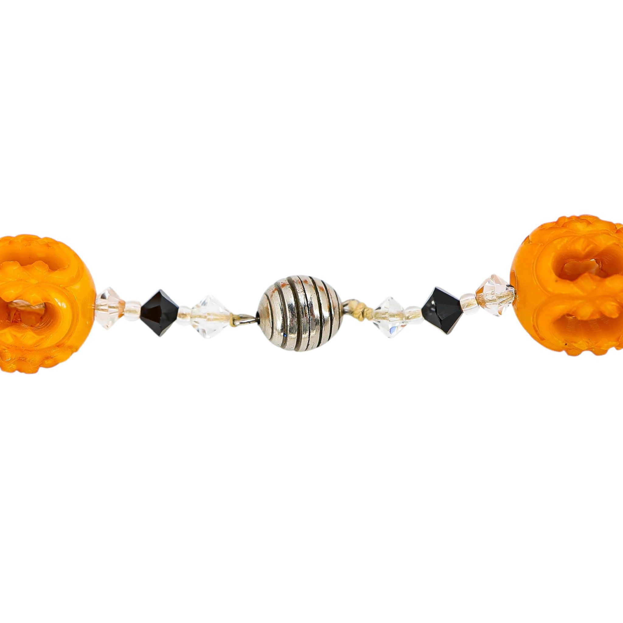 Orange Painted Carved Galalith Beads Openwork Lantern Shape 18.5” image 3