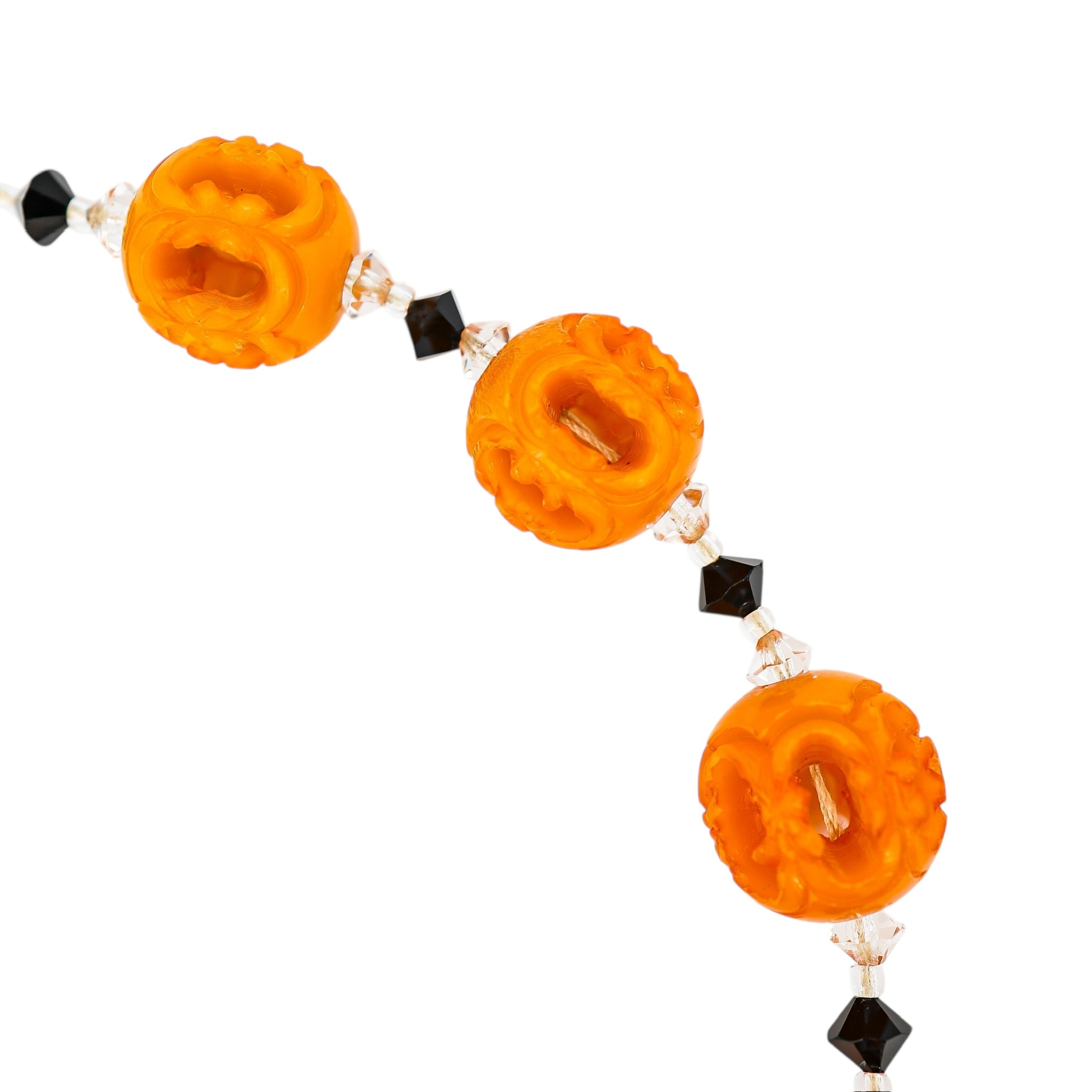 Orange Painted Carved Galalith Beads Openwork Lantern Shape 18.5” image 4