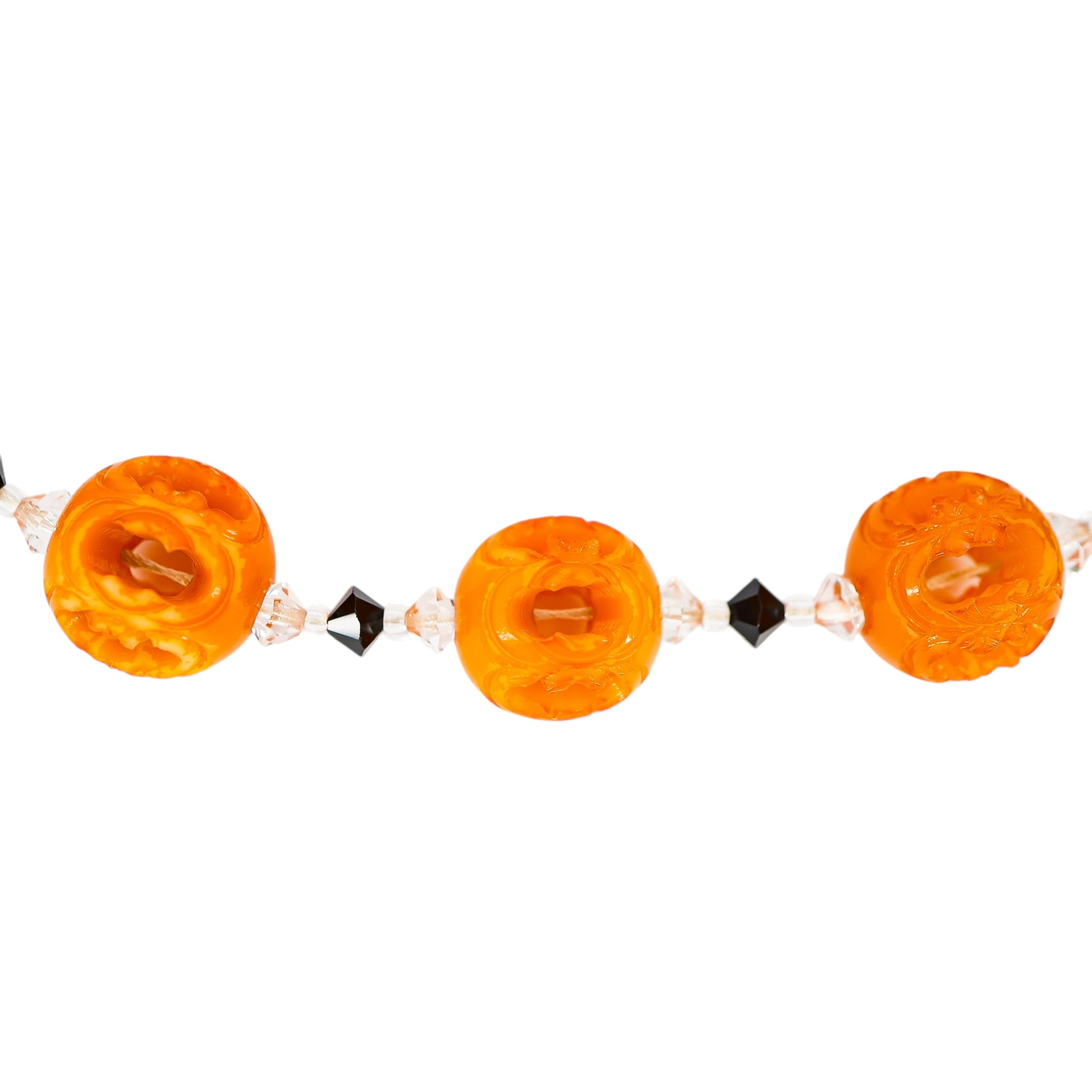 Orange Painted Carved Galalith Beads Openwork Lantern Shape 18.5” image 6