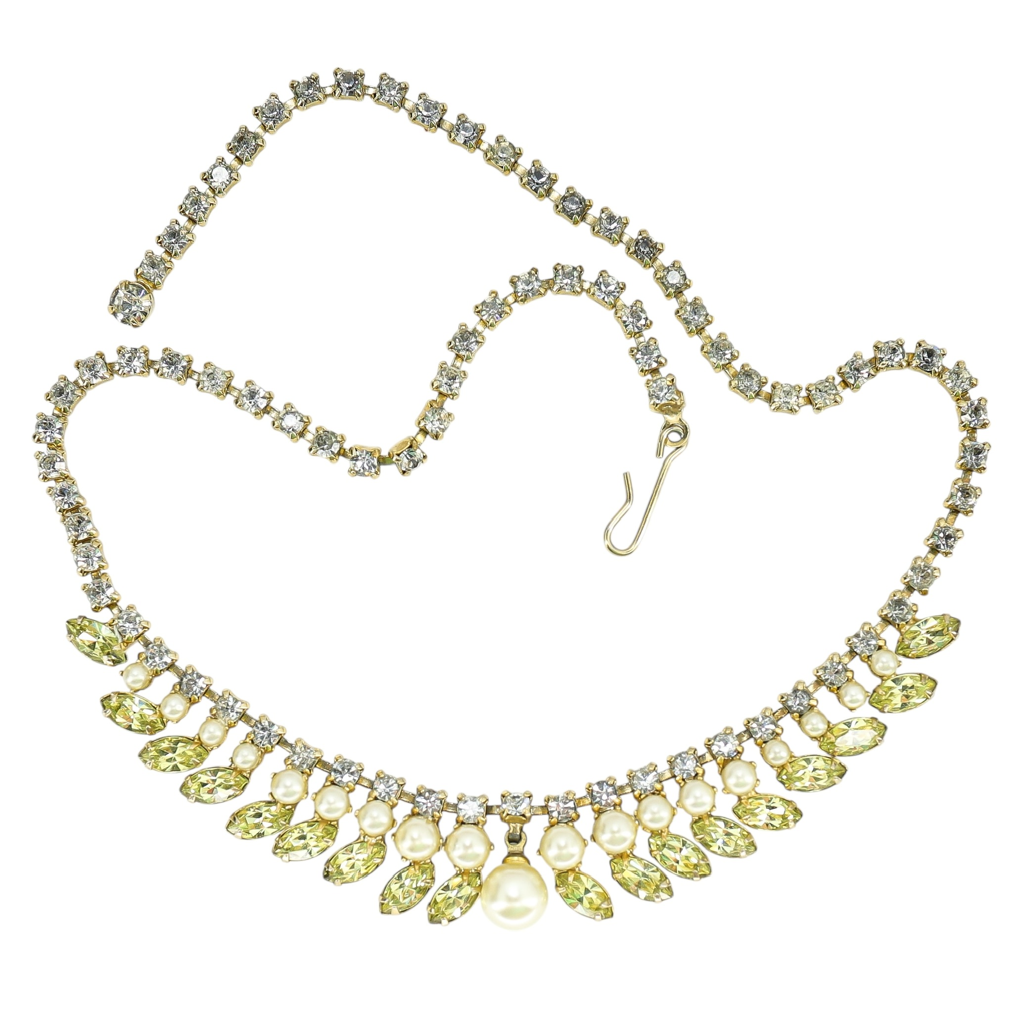 Vintage Green Rhinestone and Faux Pearl Mid Century Choker Necklace