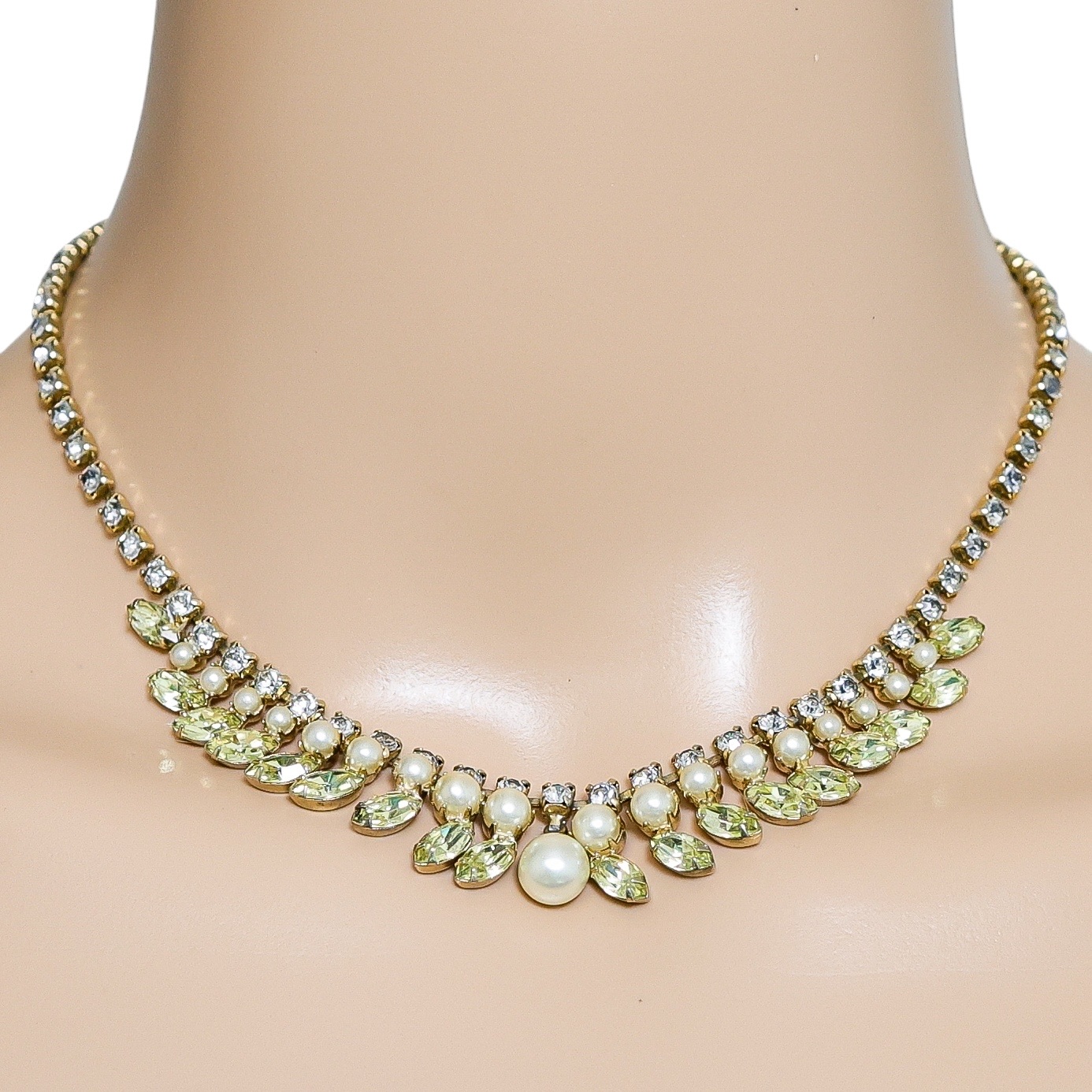 Vintage Green Rhinestone and Faux Pearl Mid Century Choker Necklace image 2