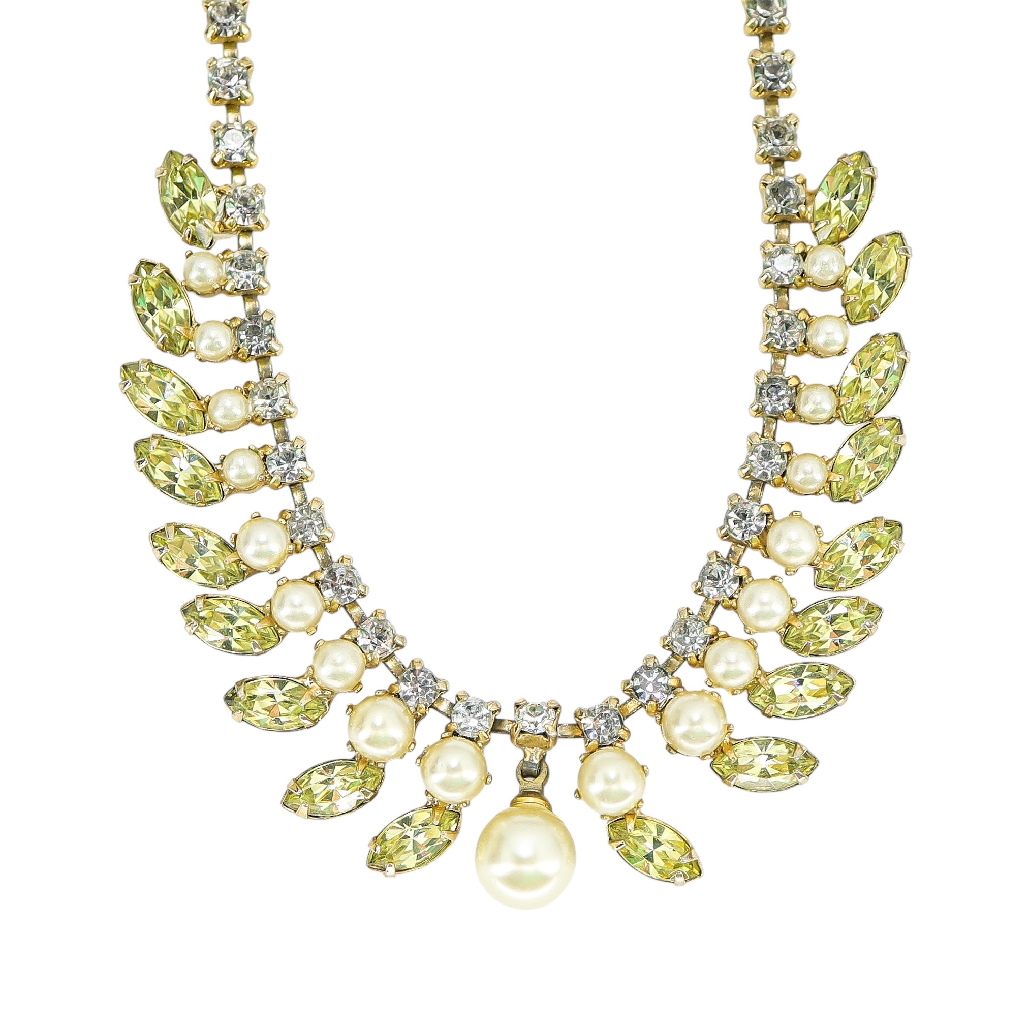 Vintage Green Rhinestone and Faux Pearl Mid Century Choker Necklace image 3