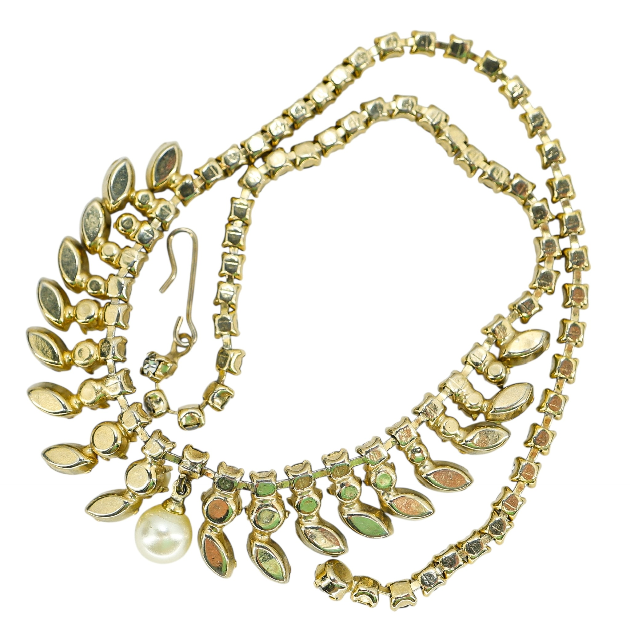 Vintage Green Rhinestone and Faux Pearl Mid Century Choker Necklace image 4