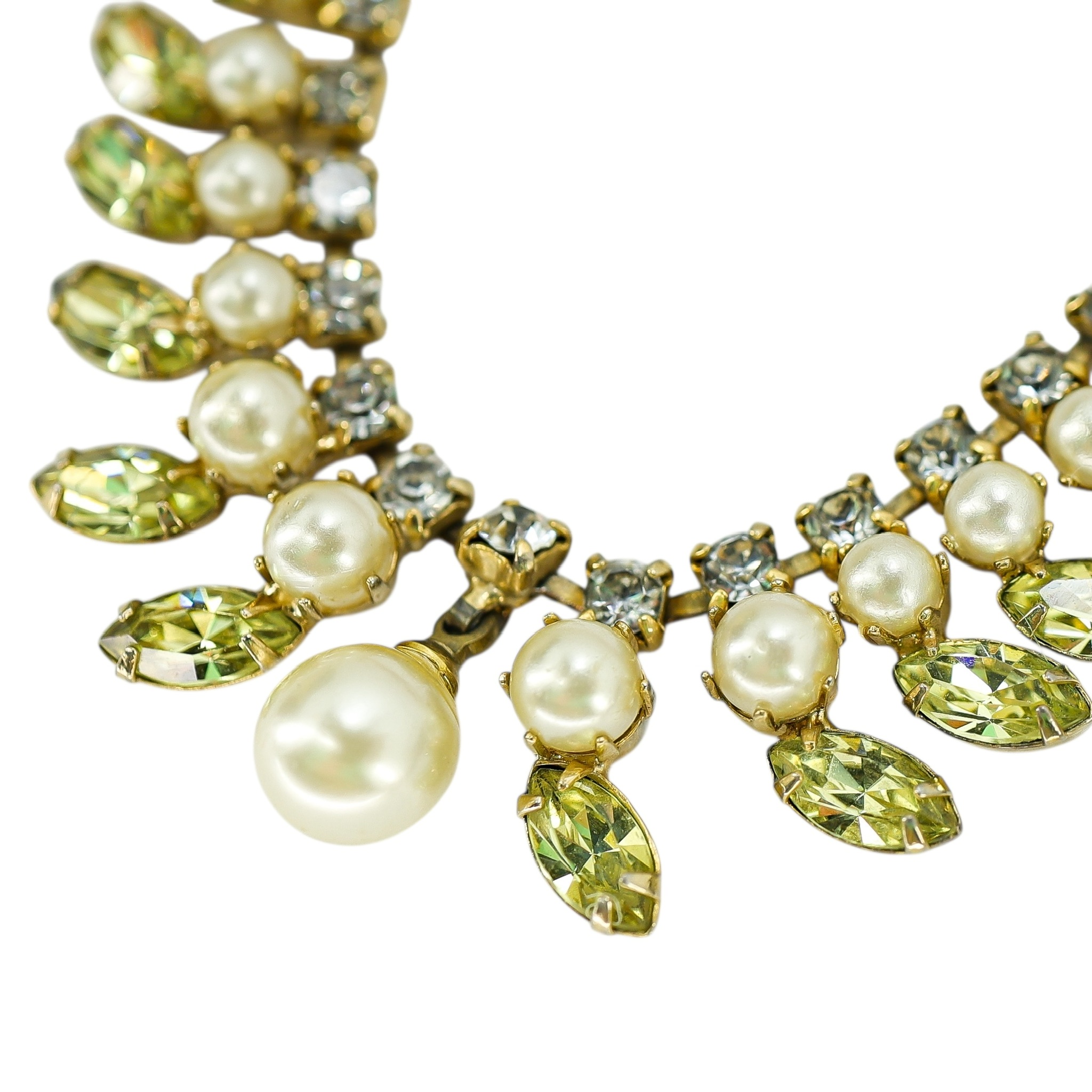 Vintage Green Rhinestone and Faux Pearl Mid Century Choker Necklace image 6