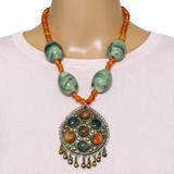 Maximalist Boho Kuchi-Style Pendant Necklace Sardonyx & Green Ceramic Beads – OOAK - Unique one of a kind item handmade by A World Of Things made using recycled materials 