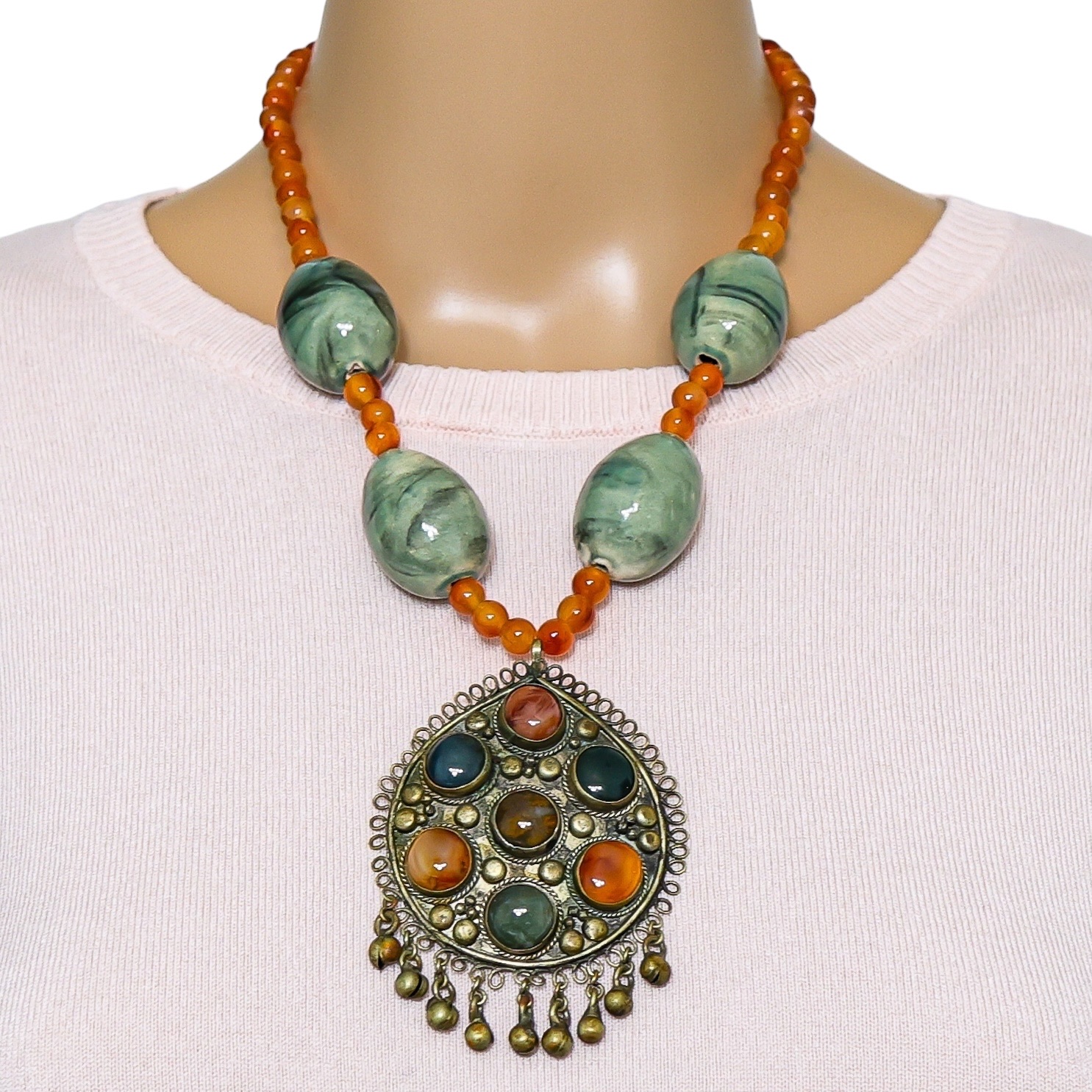 Maximalist Boho Kuchi-Style Pendant Necklace Sardonyx & Green Ceramic Beads