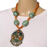 Maximalist Boho Kuchi-Style Pendant Necklace Sardonyx & Green Ceramic Beads – OOAK - Unique one of a kind item handmade by A World Of Things made using recycled materials 