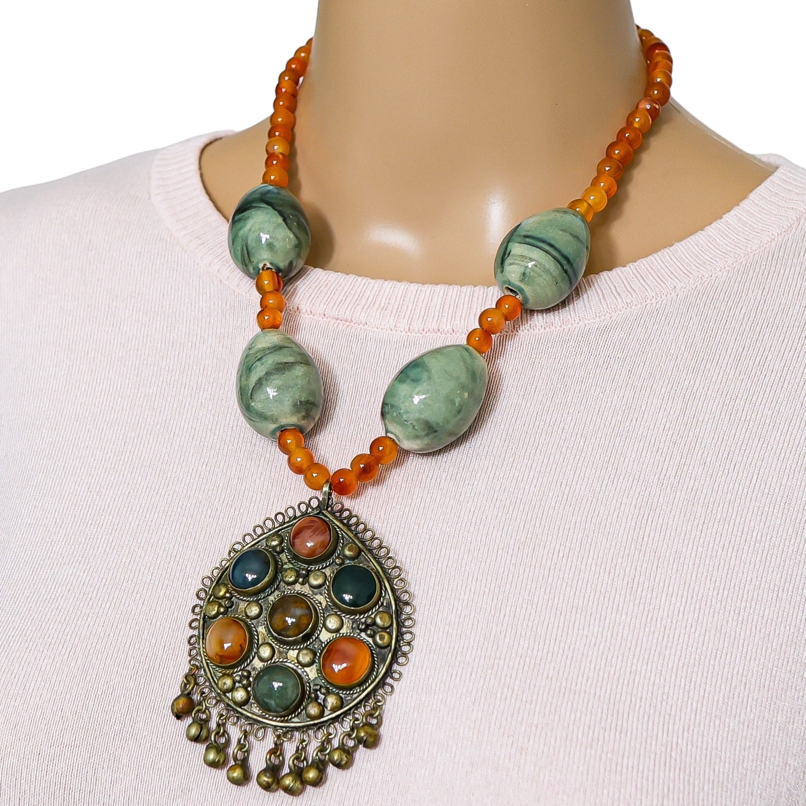 Maximalist Boho Kuchi-Style Pendant Necklace Sardonyx & Green Ceramic Beads image 2
