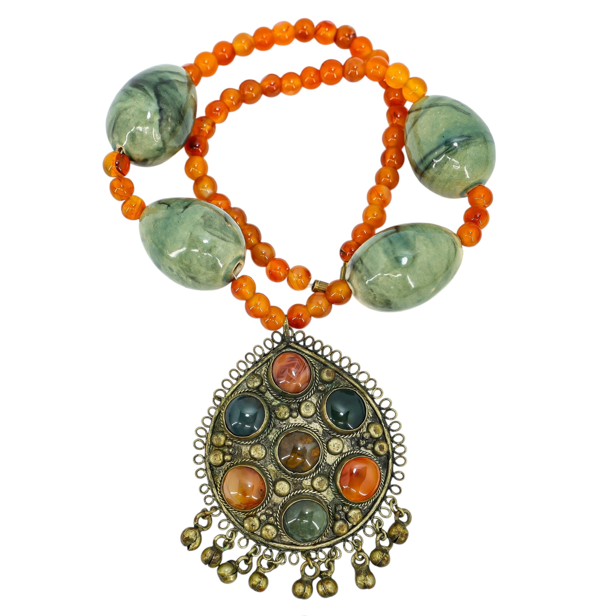 Maximalist Boho Kuchi-Style Pendant Necklace Sardonyx & Green Ceramic Beads image 3