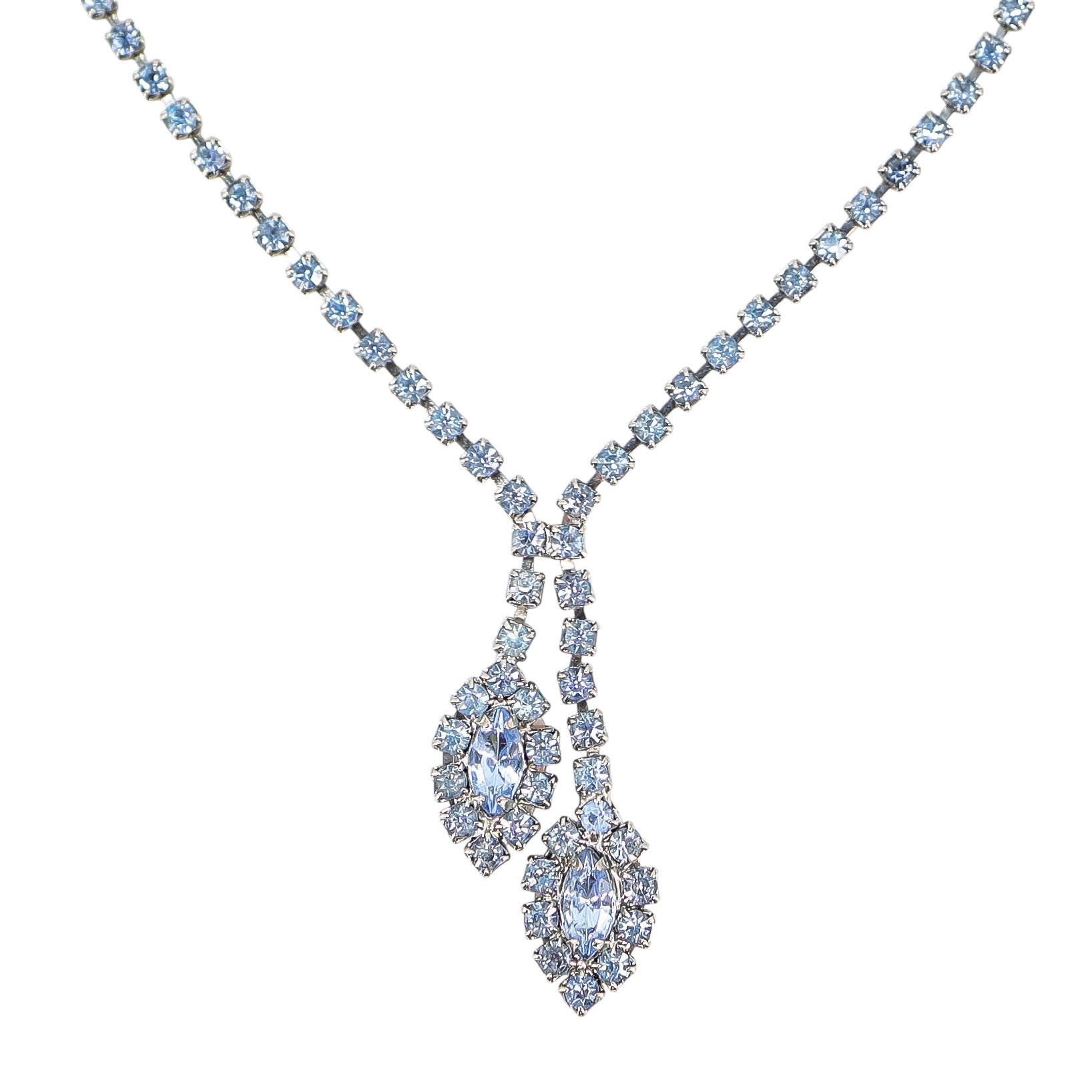 Vintage Light Blue Rhinestone Necklace Leaf Y Drop 16"