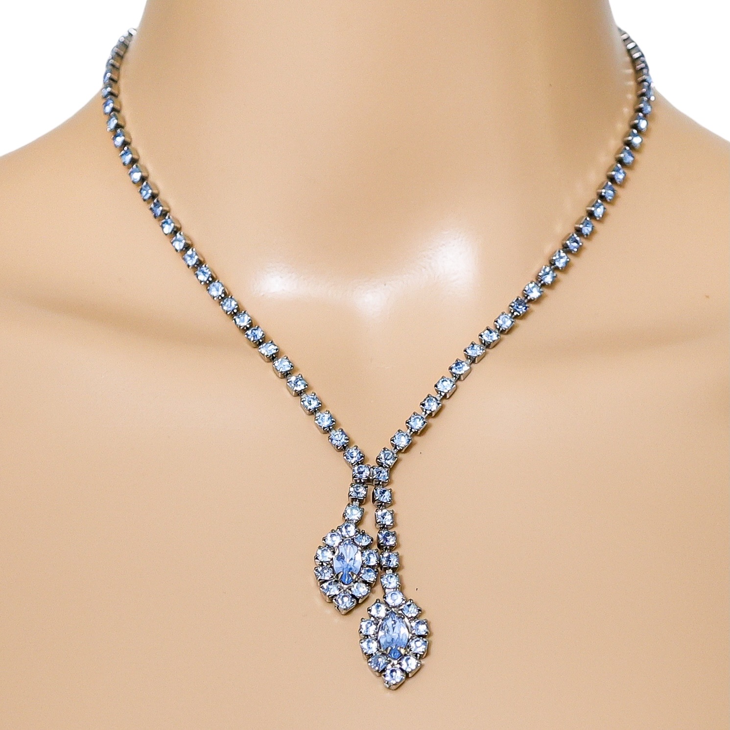 Vintage Light Blue Rhinestone Necklace Leaf Y Drop 16