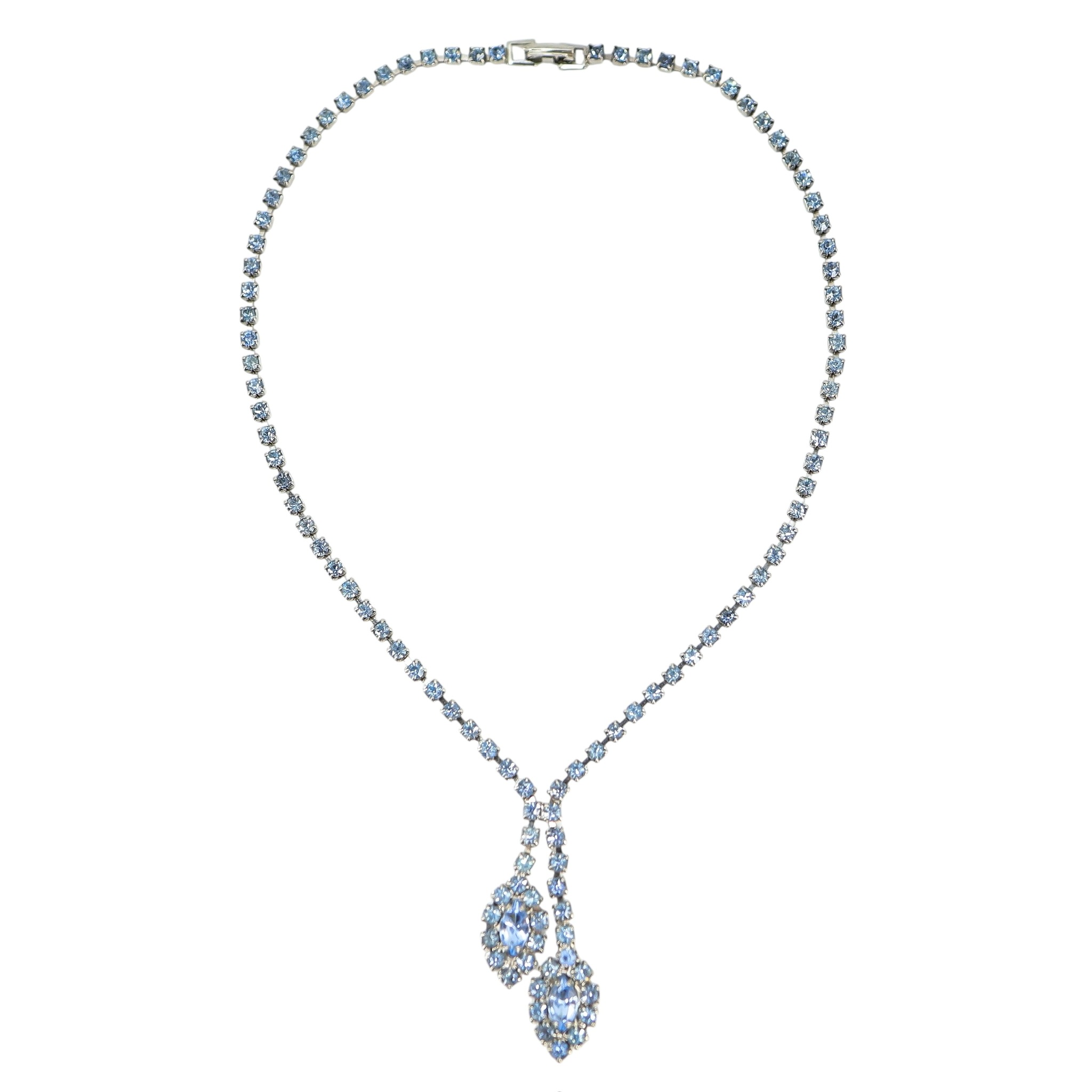 Vintage Light Blue Rhinestone Necklace Leaf Y Drop 16