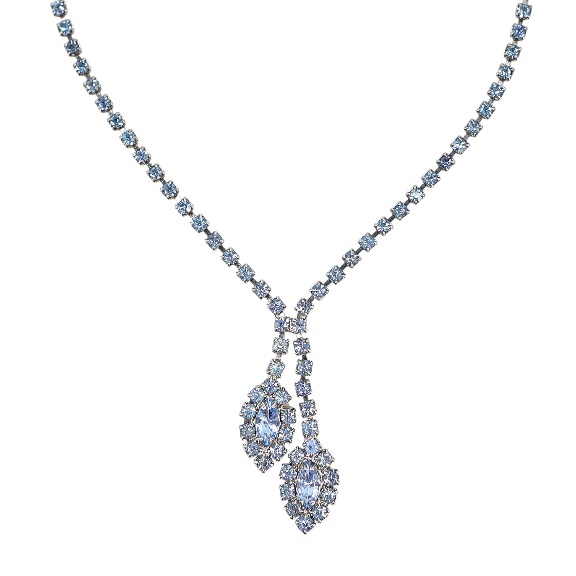 Vintage Light Blue Rhinestone Necklace Leaf Y Drop 16