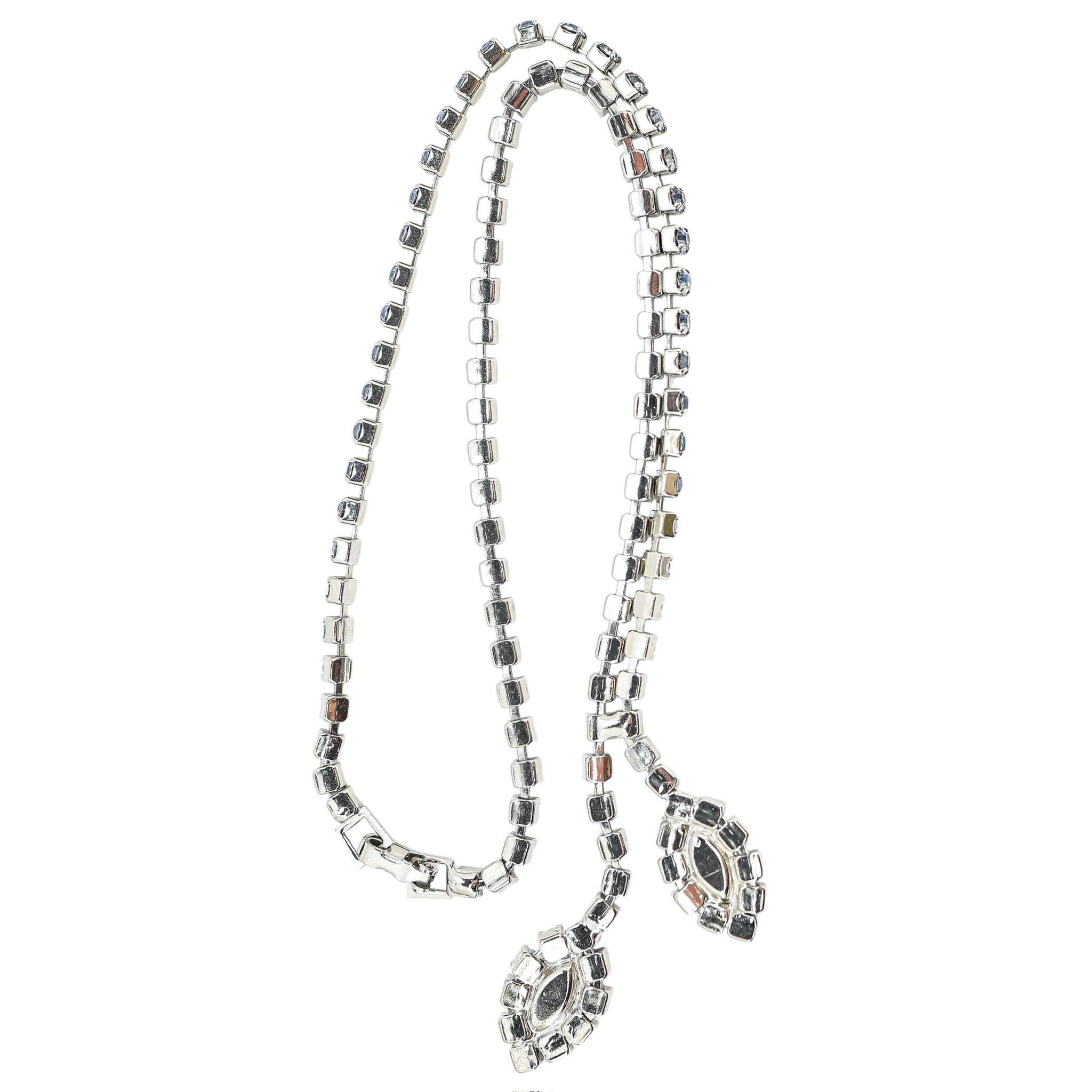 Vintage Light Blue Rhinestone Necklace Leaf Y Drop 16