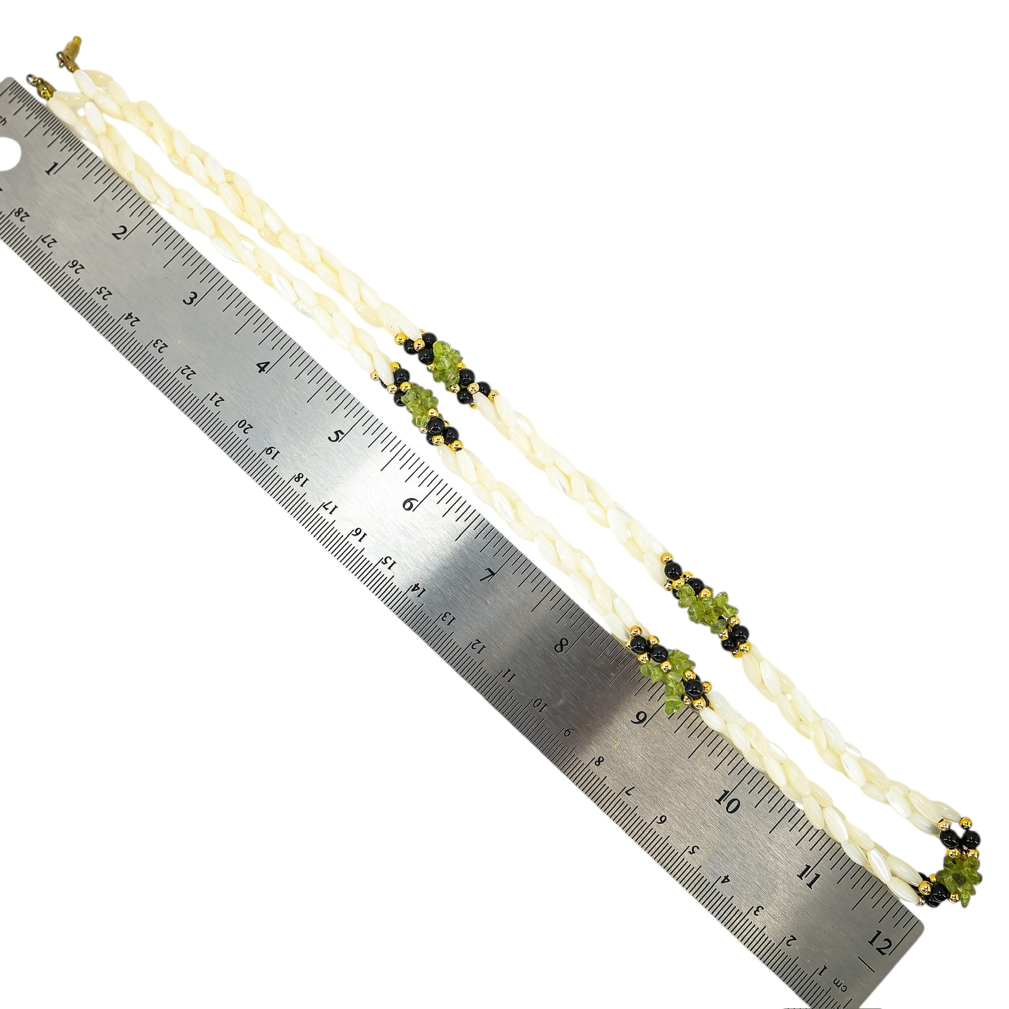 White Shell Rice Bead Necklace With Green Black Gold Accents image 4