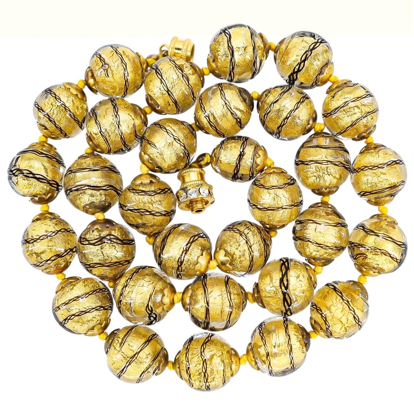 Murano Gold Foil Sommerso And Filigrana Spiral Black Thread Necklace 23” image 1