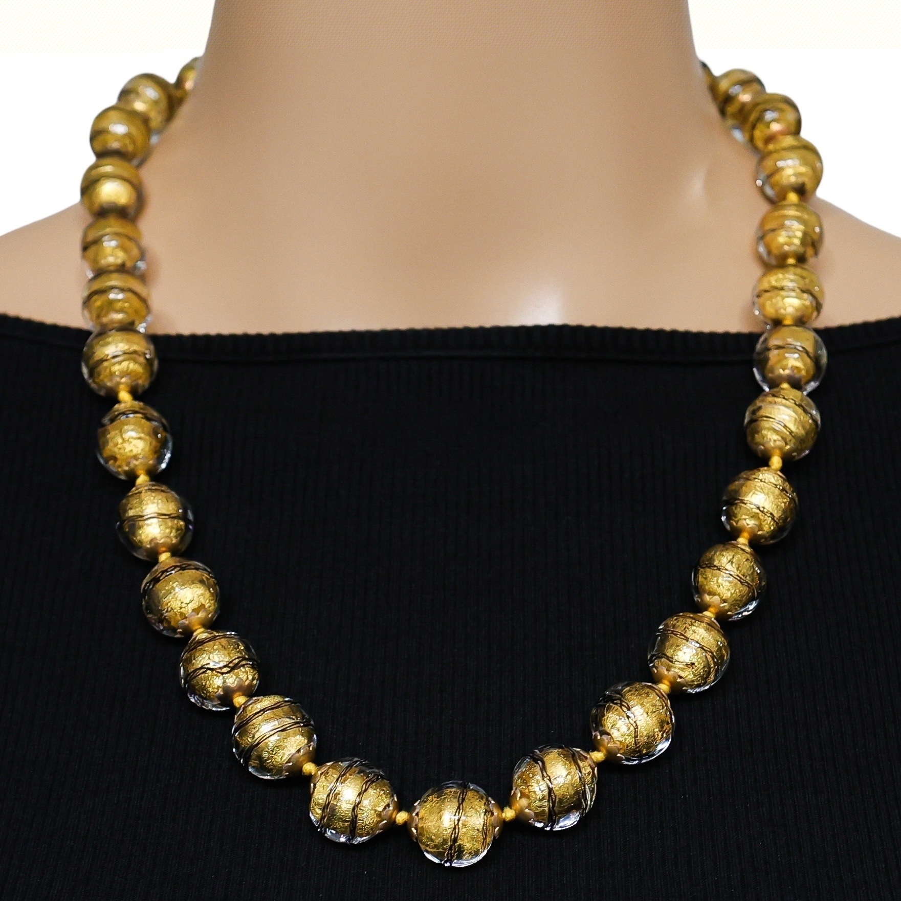 Murano Gold Foil Sommerso And Filigrana Spiral Black Thread Necklace 23” image 2