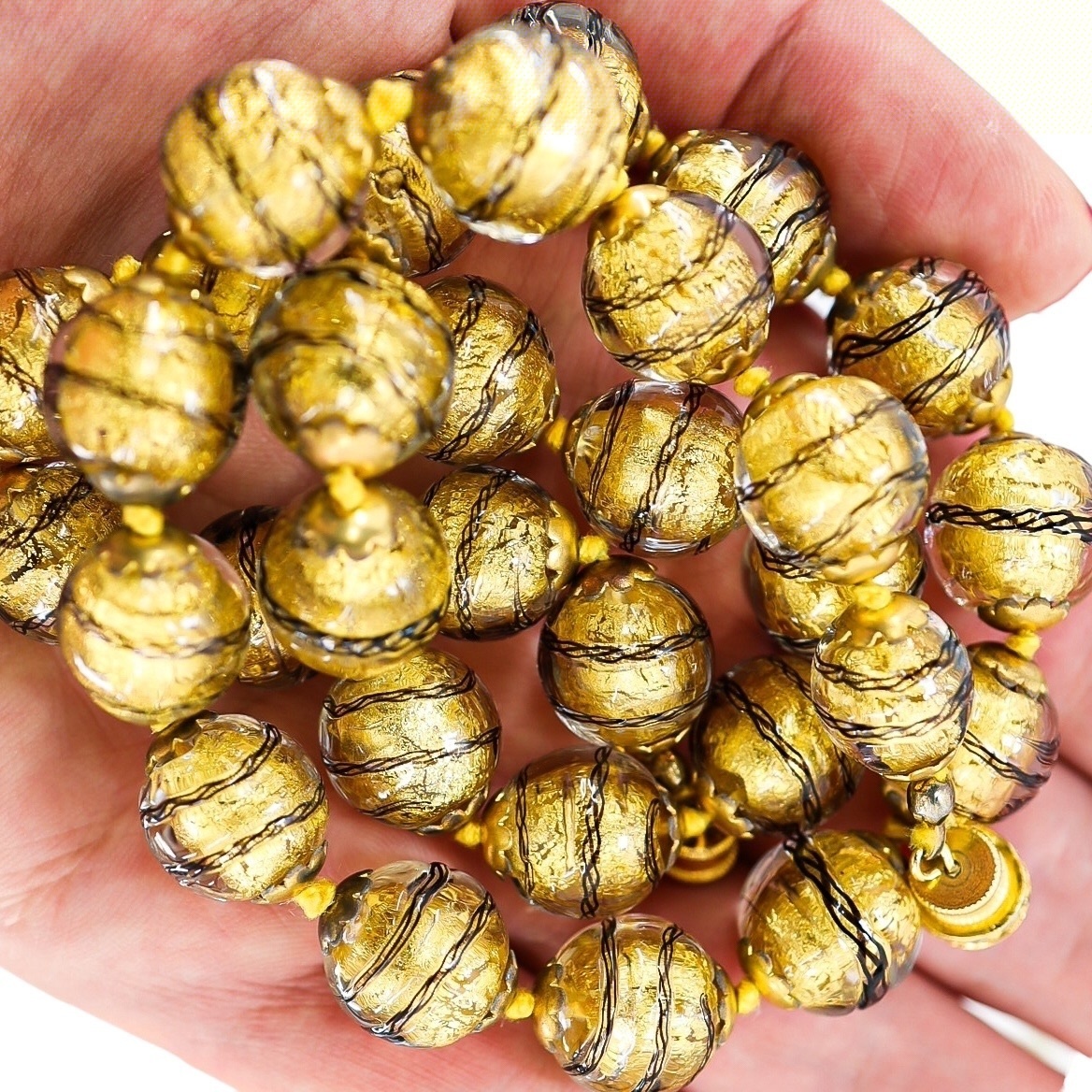 Murano Gold Foil Sommerso And Filigrana Spiral Black Thread Necklace 23” image 5