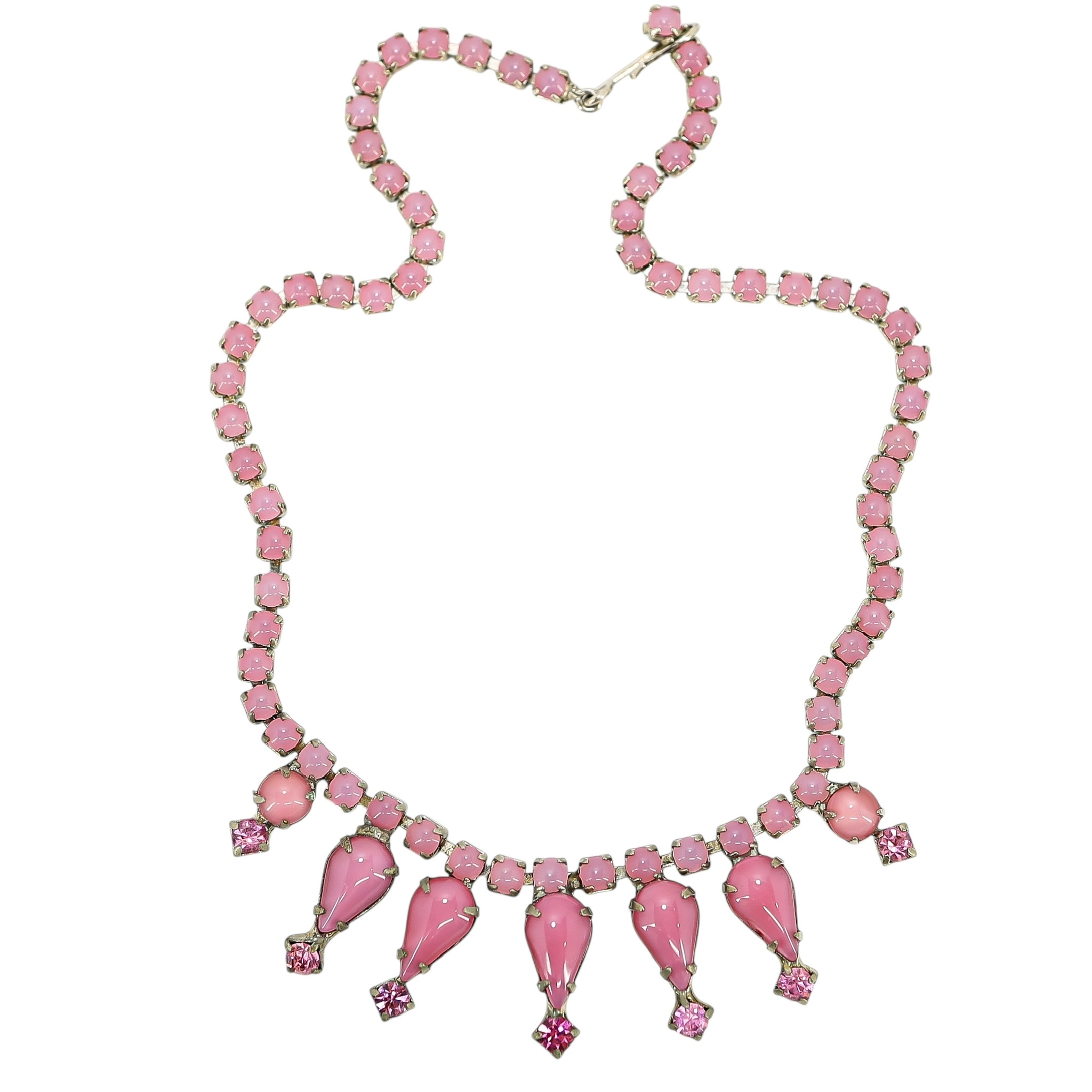 Vintage Pink Satin Glass Rhinestone Choker Necklace W Teardrop Accents – 15”