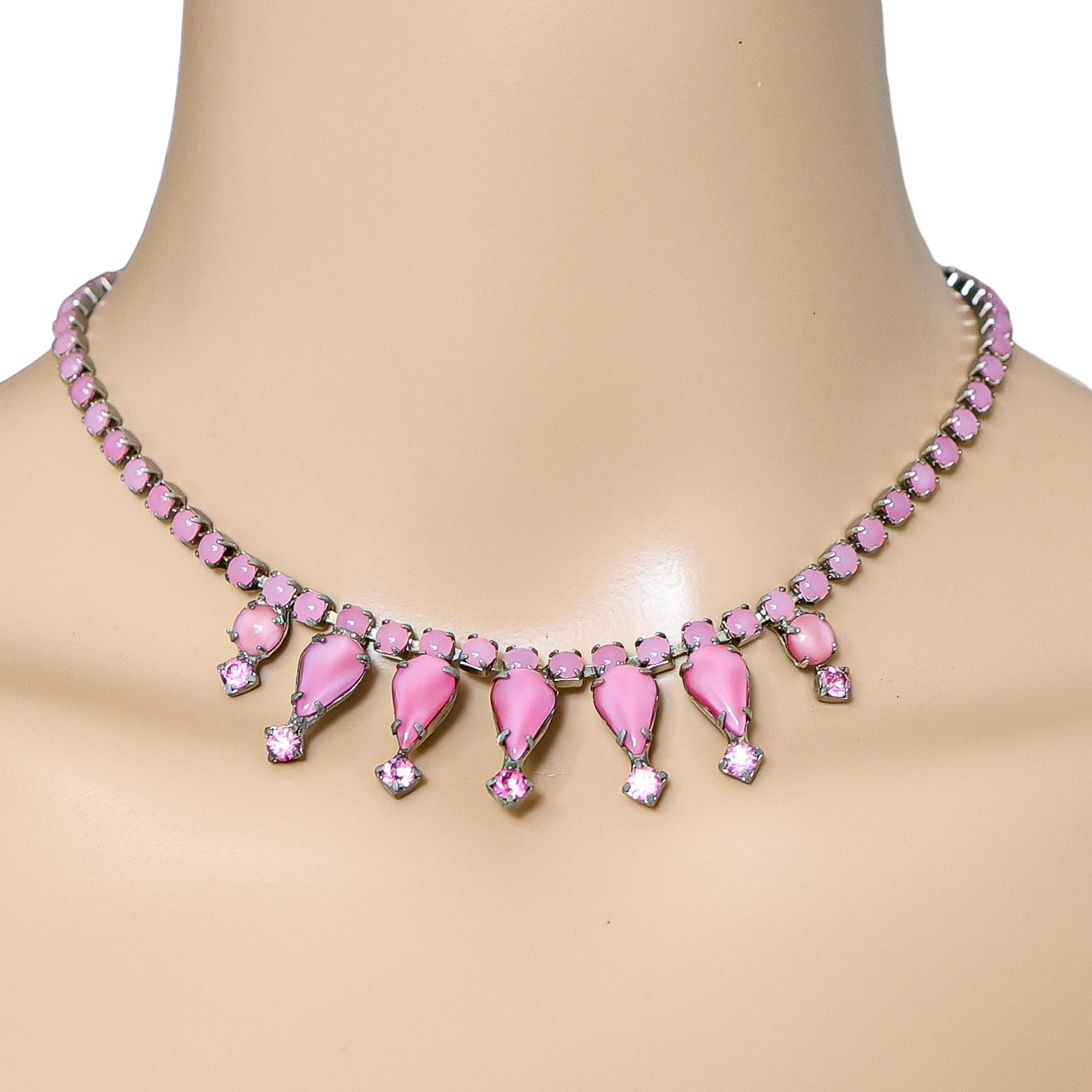 Vintage Pink Satin Glass Rhinestone Choker Necklace W Teardrop Accents – 15” image 2