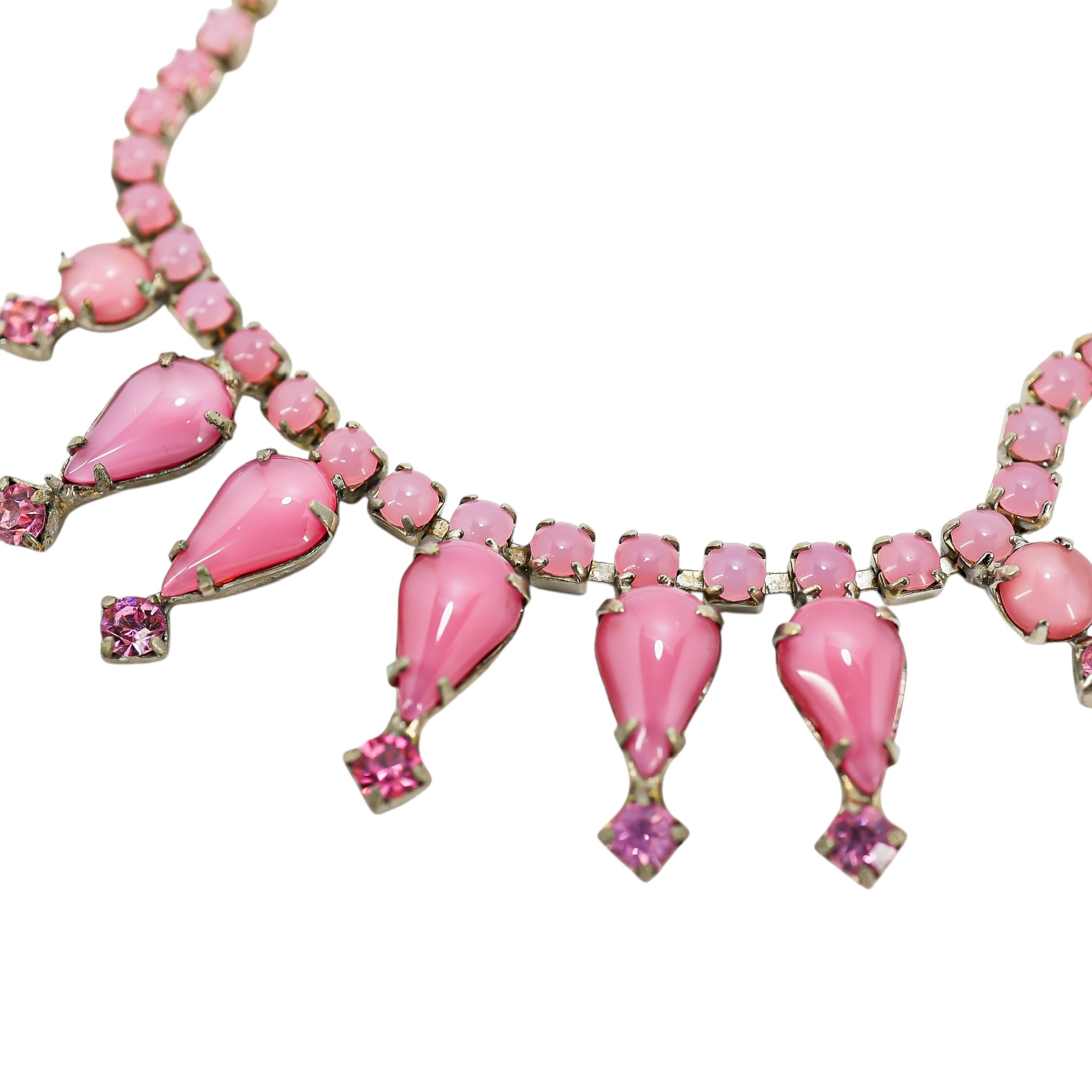 Vintage Pink Satin Glass Rhinestone Choker Necklace W Teardrop Accents – 15” image 4