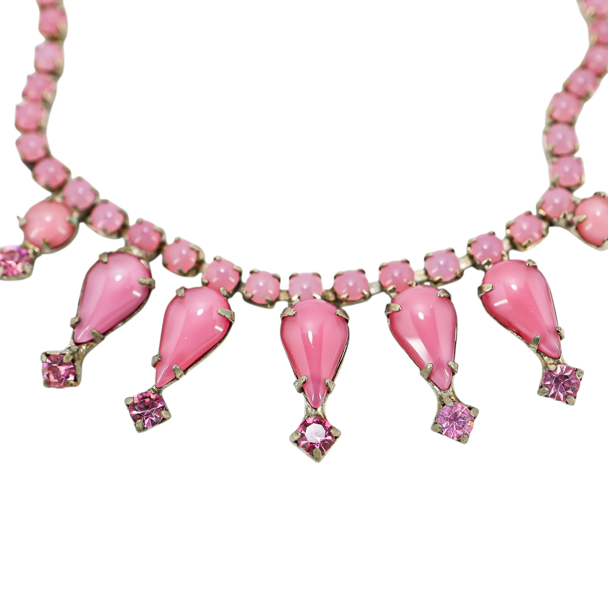 Vintage Pink Satin Glass Rhinestone Choker Necklace W Teardrop Accents – 15” image 5