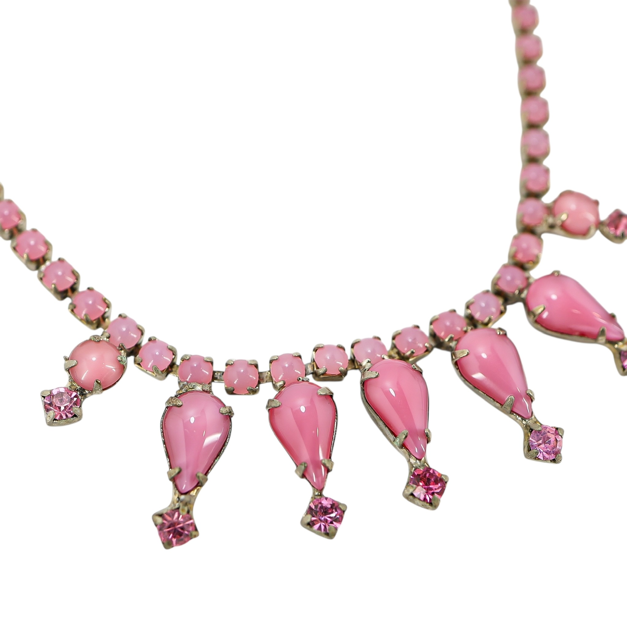 Vintage Pink Satin Glass Rhinestone Choker Necklace W Teardrop Accents – 15” image 6