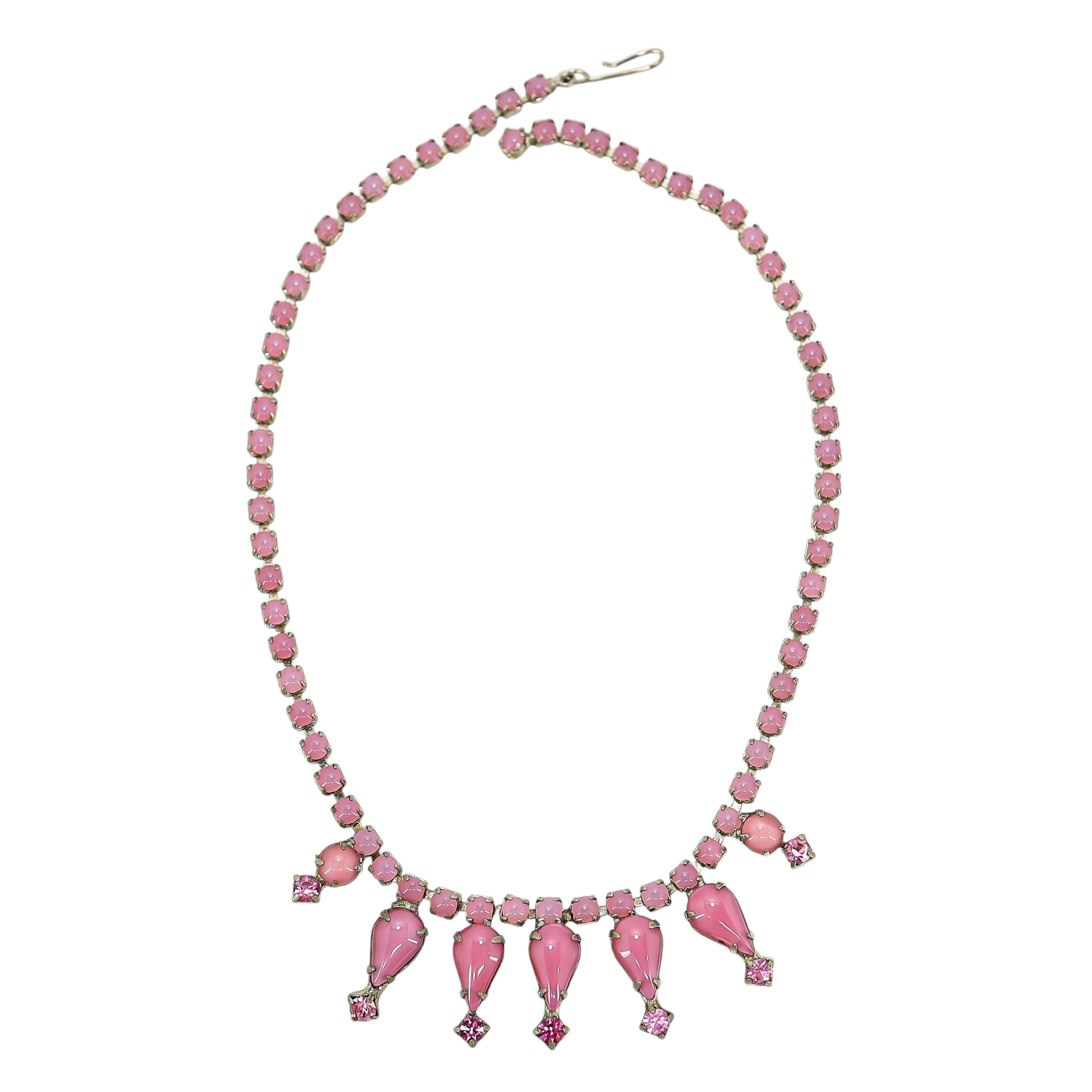 Vintage Pink Satin Glass Rhinestone Choker Necklace W Teardrop Accents – 15” image 8