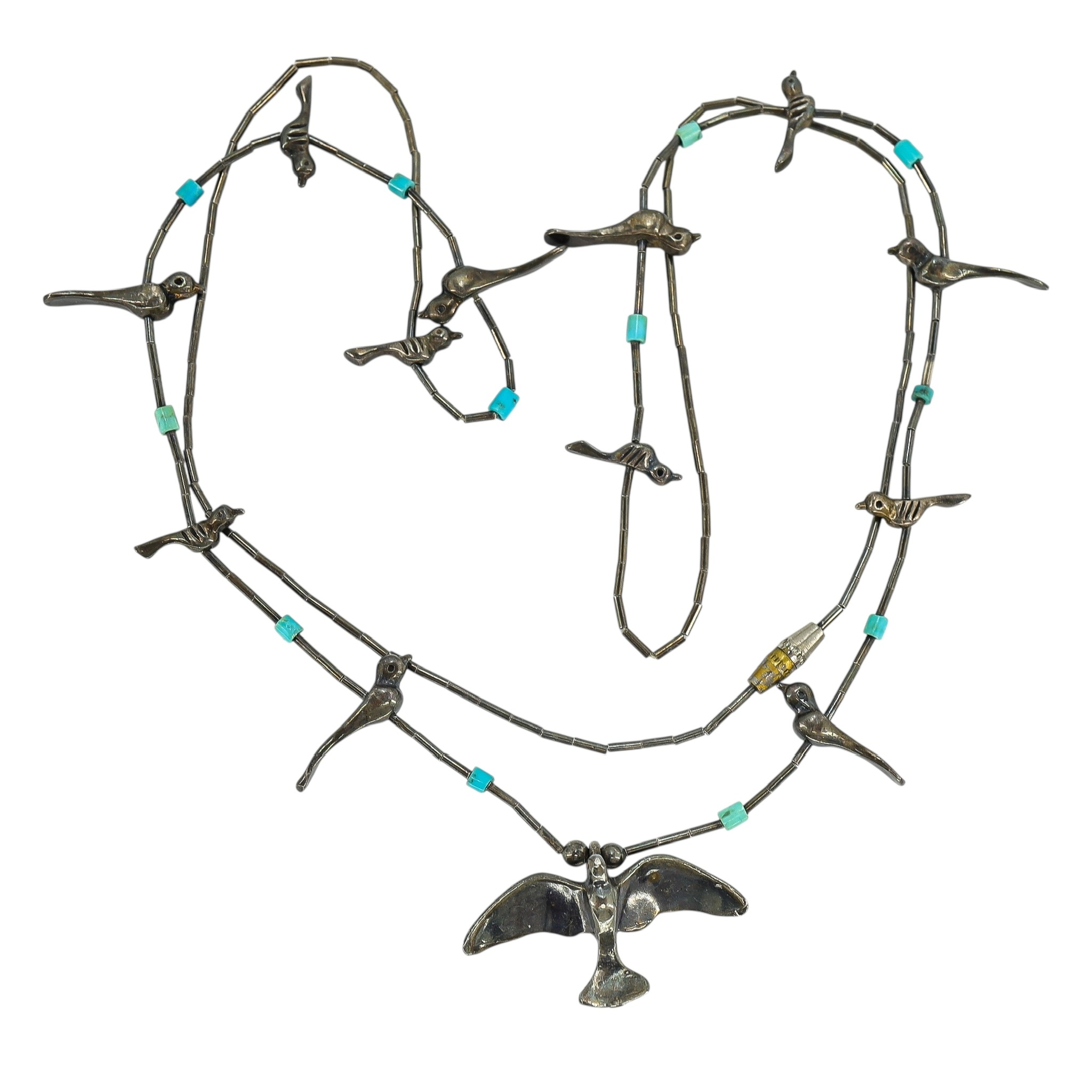 Vintage Southwestern Sterling Silver Lost Wax Cast Handcrafted Fetish Birds Necklace