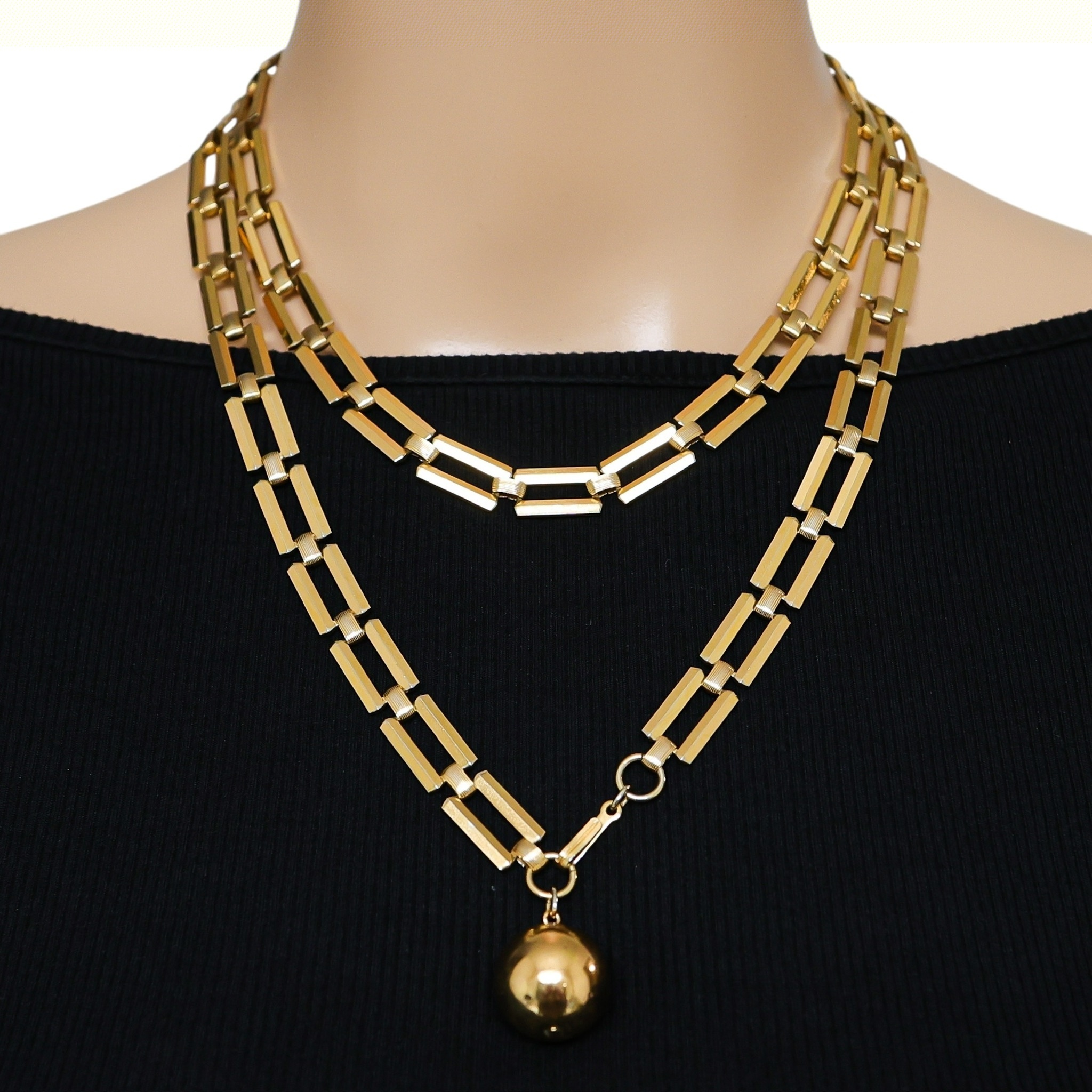 Trifari 1940s Modernist Long Chain Necklace w Orb Charm Pendant 38” image 1