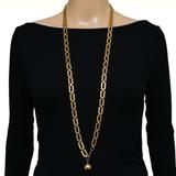 Trifari 1940s Modernist Long Chain Necklace w Orb Charm Pendant 38” – Collectible vintage designer item